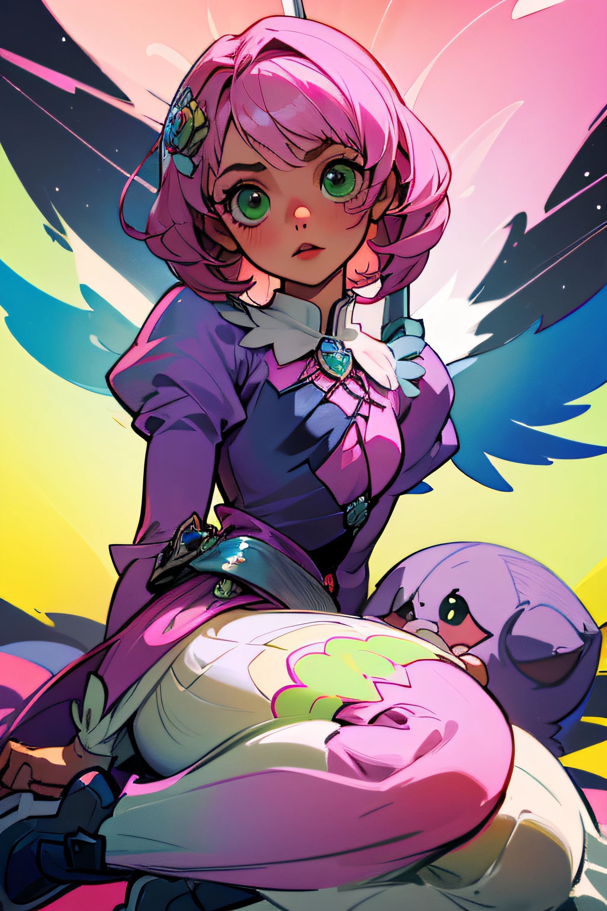 Alisa bosconovitch, melhor qualidade, contemporary, estilo plano, minimalismo, Green Eyes Flat Illustration, cabelo rosa, cabelo curto, cabelos multicoloridos, Camisa Preta, mechanical wings, Head Portrait Close-U, peito pontudo, decote, super decote, middlebreasts, Tekken,cabelo rosa pastel, 1girl, em quimono, hand-painted,Desenho de linha sem cor, colorida do yandere pastel, Tekken, com roupa de empregada,figura esbelta,robusto,He sat on the floor,Vestido com roupas de empregada rosa e branco,cabelos muito curtos,com orelhas de gato,quadratic element,, kawaii cor-de-rosa na roupa da era de 1910, Alisa Bosconovich pink lips, no estilo da paleta de cores suave aurorapunk, an anime illustration of his face, gifs animados, hand drawn animation, charming sketches, suave e brilhante, romantismo nebuloso, Estilo Superflat, fundo branco - ar 1:1 - niji 5 - estilo expressivo --s 50
