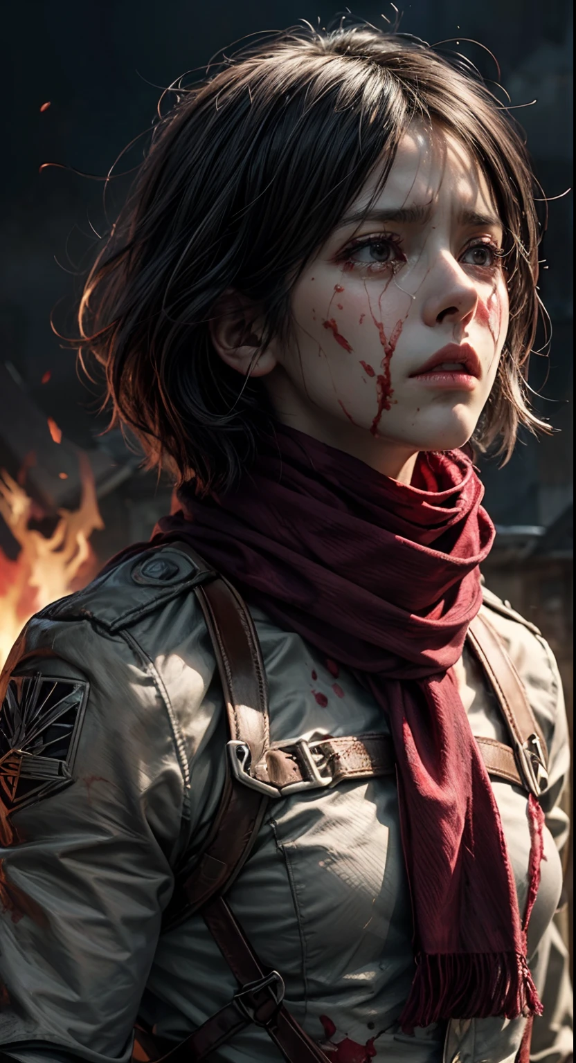 (masterpiece), (hyper realistic), Attack on Titan, half body shot, Mikasa Ackerman, Crying, sadness, Tears, A maroon scarf around his neck, blood stains on his face and clothes, dinamic lighting, dramatic fire background