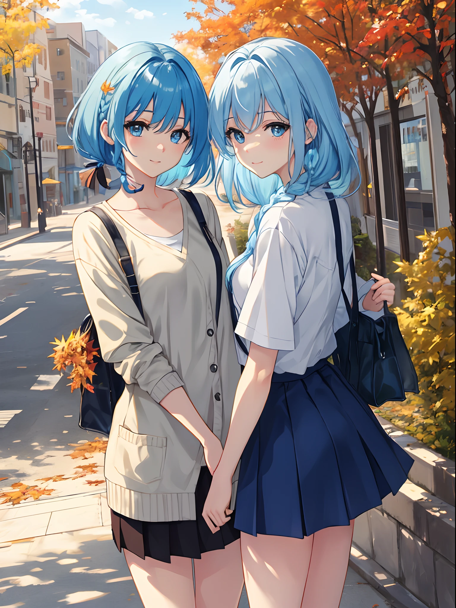 masterpiece:1.2, best quality, ((ultra detailed)), high resolution, 2d, anime style , photo, photography, detailed background, ((medium hair,light blue hair, asymmetrical hair , side braid,medium breasts))
BREAK
solo,(tareme:1.3),(droopy eyes:1.3),20 years old, (cute girl,tall face, tall female)), ((blue eyes;1.2 )), beautiful thighs,
BREAK
walking,smile, autumn leaves, tree-lined avenue,beautiful background,cardigan,skirt,
BREAK
pastel colors:1.4, solid paint:1.2, saturated color, contour