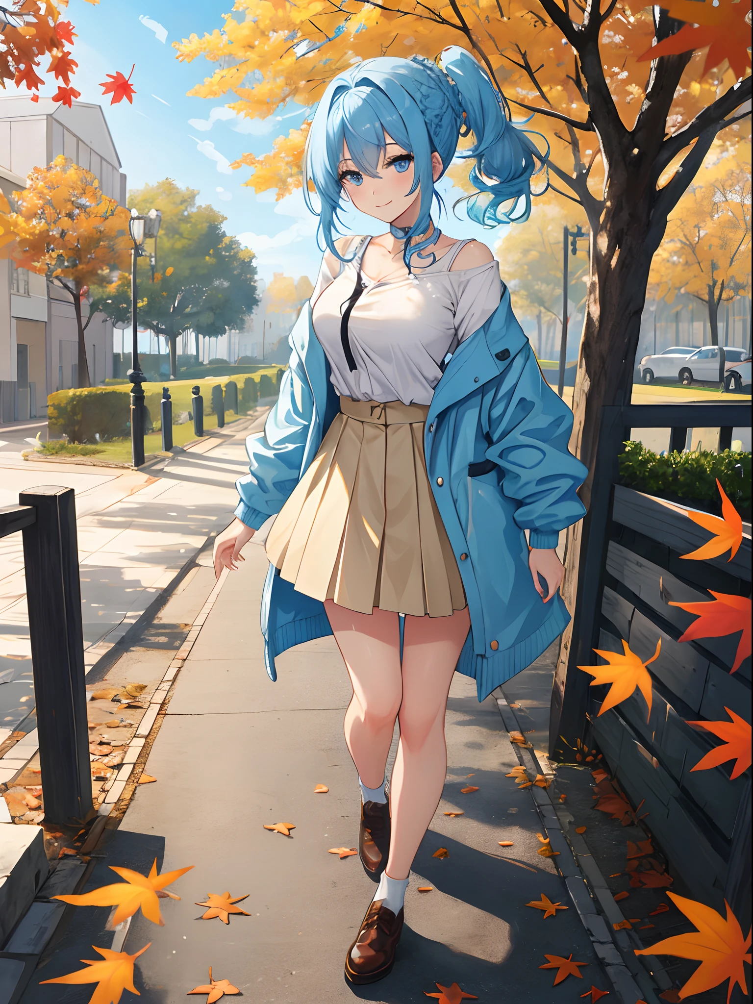 masterpiece:1.2, best quality, ((ultra detailed)), high resolution, 2d, anime style , photo, photography, detailed background, ((medium hair,light blue hair, asymmetrical hair , side braid,medium breasts))
BREAK
solo,(tareme:1.3),(droopy eyes:1.3),20 years old, (cute girl,tall face, tall female)), ((blue eyes;1.2 )), beautiful thighs,
BREAK
walking,smile, autumn leaves, tree-lined avenue,beautiful background,cardigan,skirt,
BREAK
pastel colors:1.4, solid paint:1.2, saturated color, contour