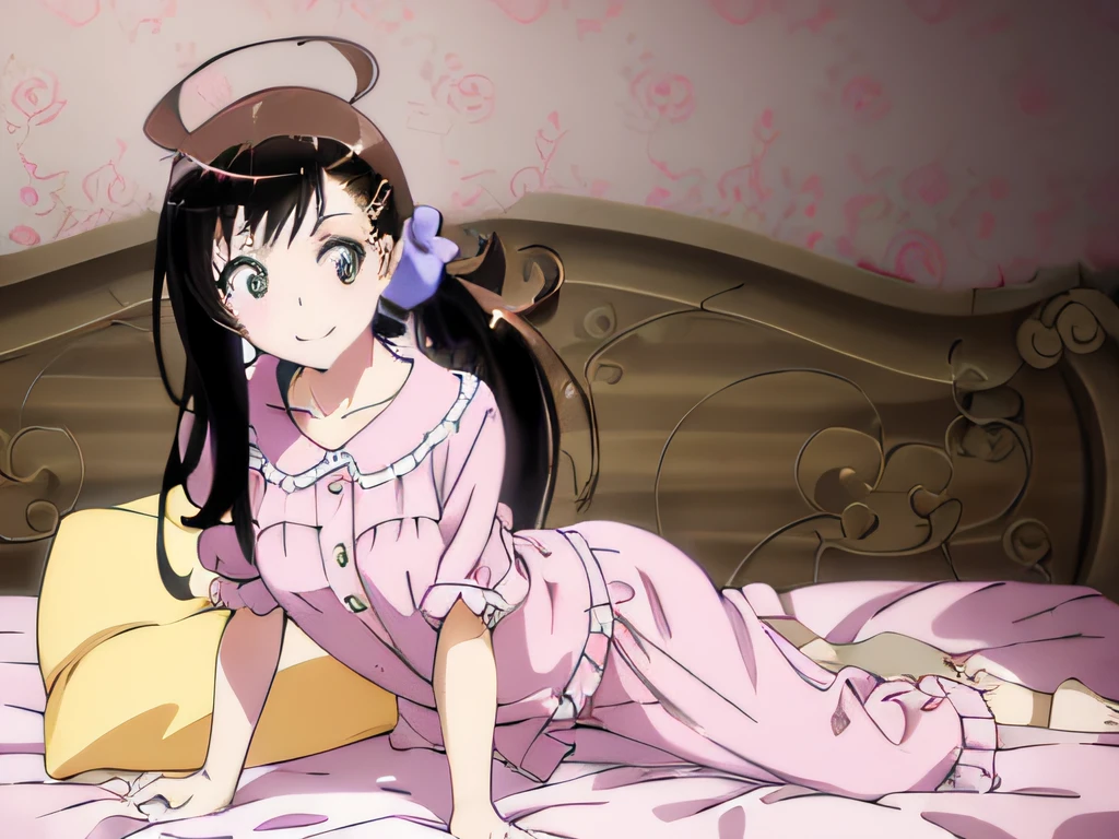 ((masutepiece)), ((Best Quality)), (Ultra-detailed), Anime style, on the bed, Cute little girl s, 1girl in, Solo, Pajamas 00, ((Beautiful eyes)), large full breasts, Smile