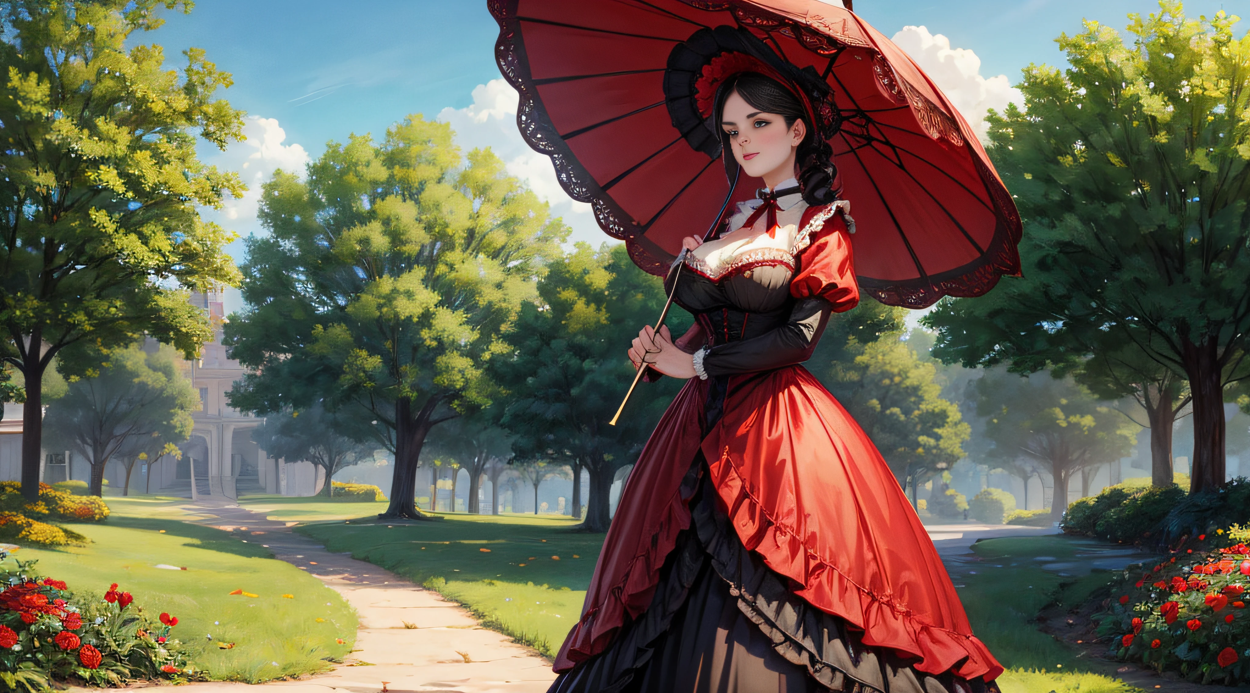 A proper young woman in Victorian times with enormous breast and sexy curves wearing a red and black Victorian era dress carrying a red and black parasol to match the dress in the park catching the eyes of evrey man around her.