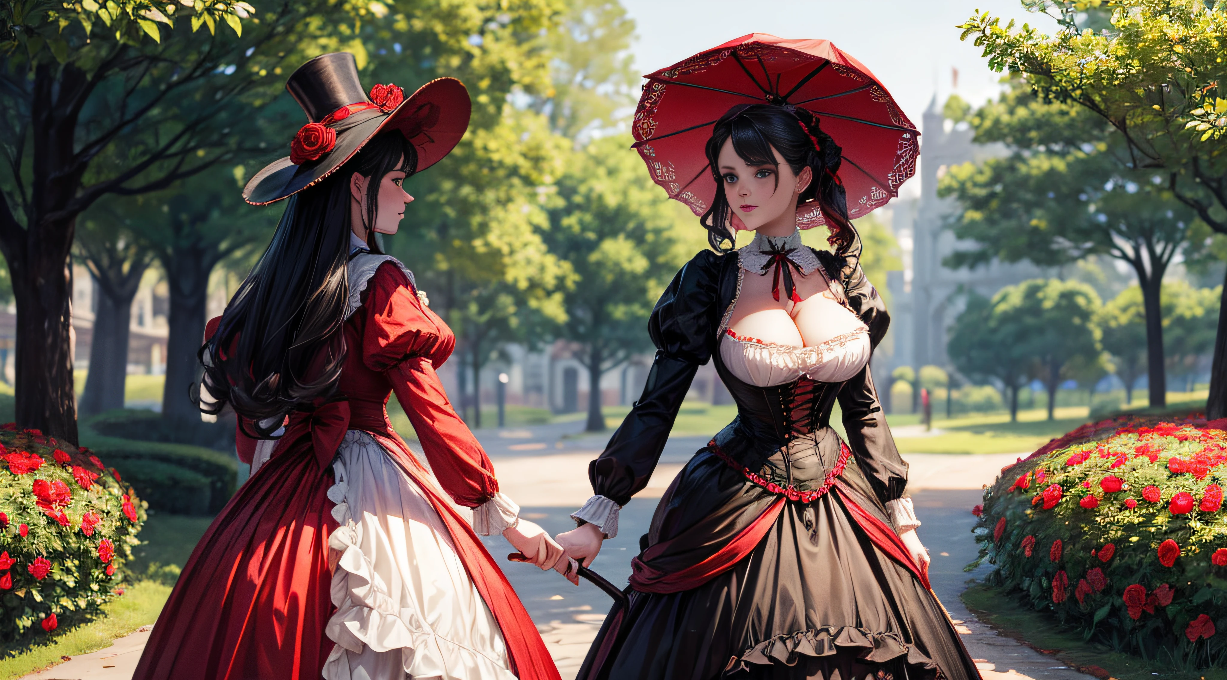 A proper young woman in Victorian times with enormous breast and sexy curves wearing a red and black Victorian era dress carrying a red and black parasol to match the dress in the park catching the eyes of evrey man around her.