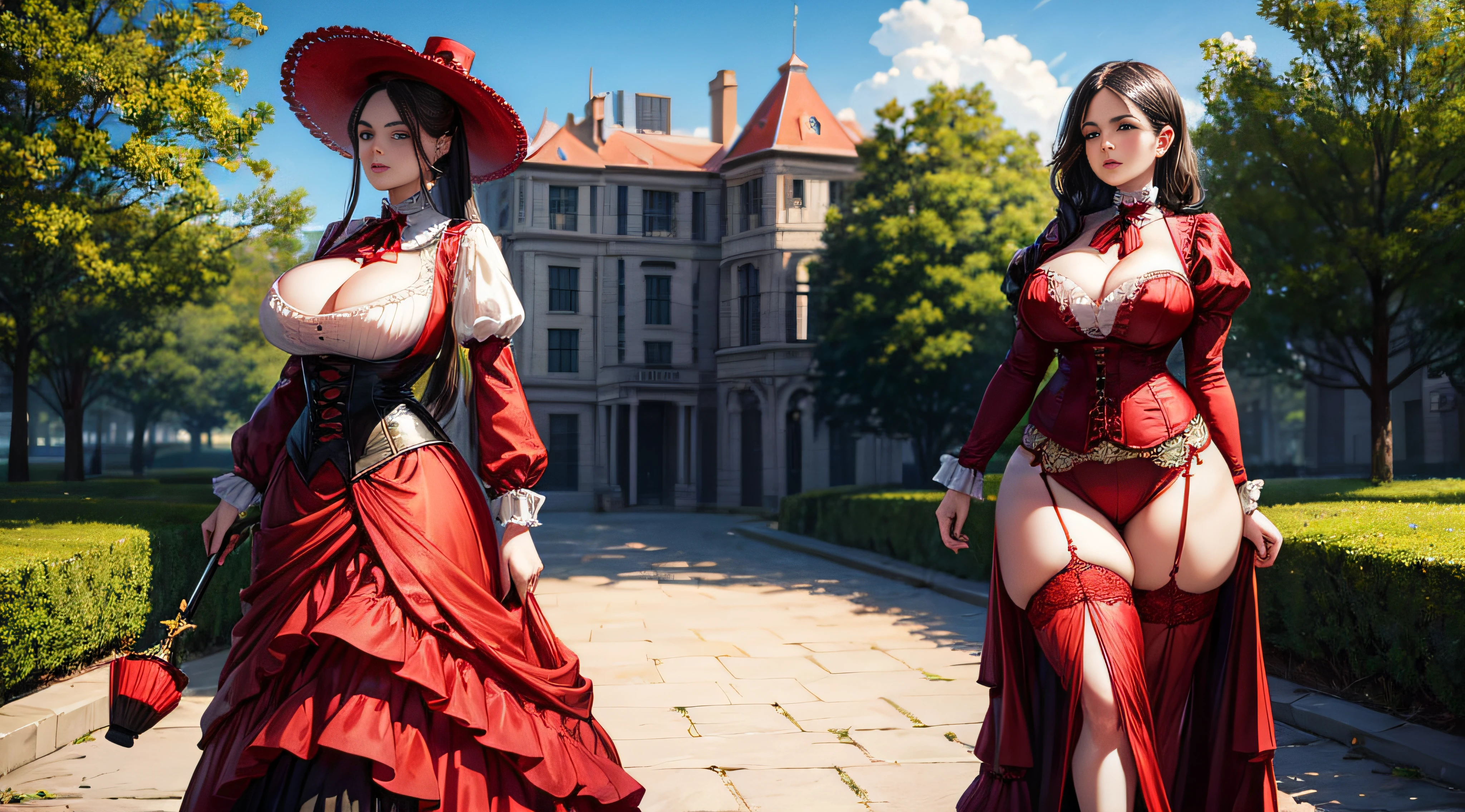 A proper young woman in Victorian times with enormous breast and sexy curves wearing a red and black Victorian era dress carrying a red and black parasol to match the dress in the park catching the eyes of evrey man around her.