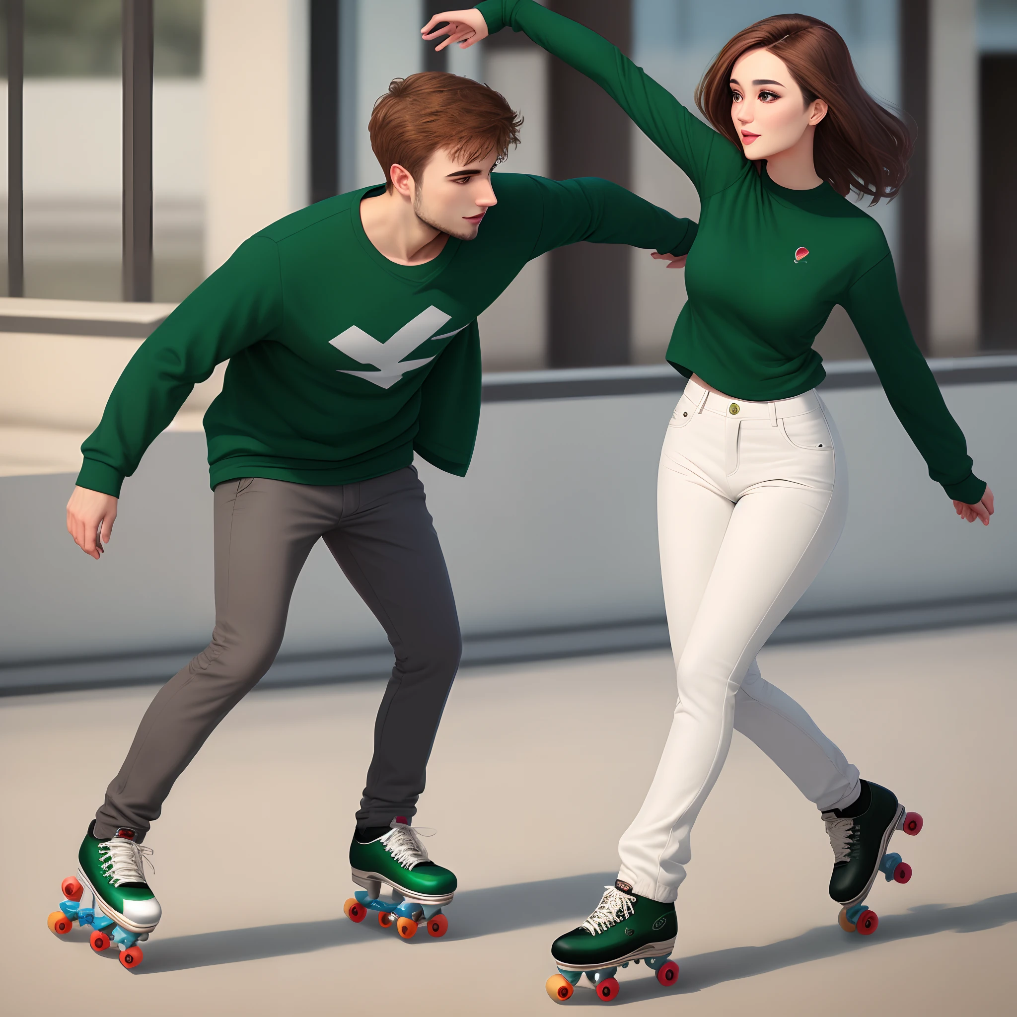 A beautiful Iranian woman with brown hair and dark green sweatshirt and dark green pants with her boyfriend wearing a gray shirt and cream pants are skating with roller skates.
