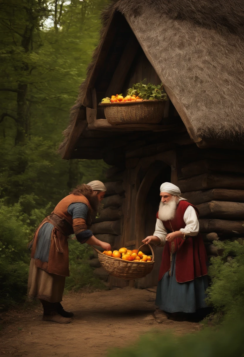 Miscellaneous medieval dwarves, Near a rustic cabin by a wooded area, realizando tarefas rotineiras, A peasant girl picking fruits. Realista, cinemactic, lighting dramatic.