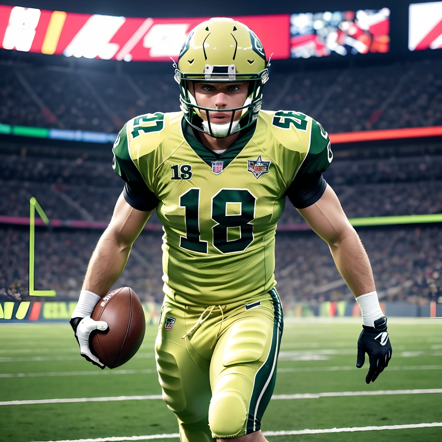 Black and green american football outfit white man with blond hair and green eyes number 18 beutiful picture