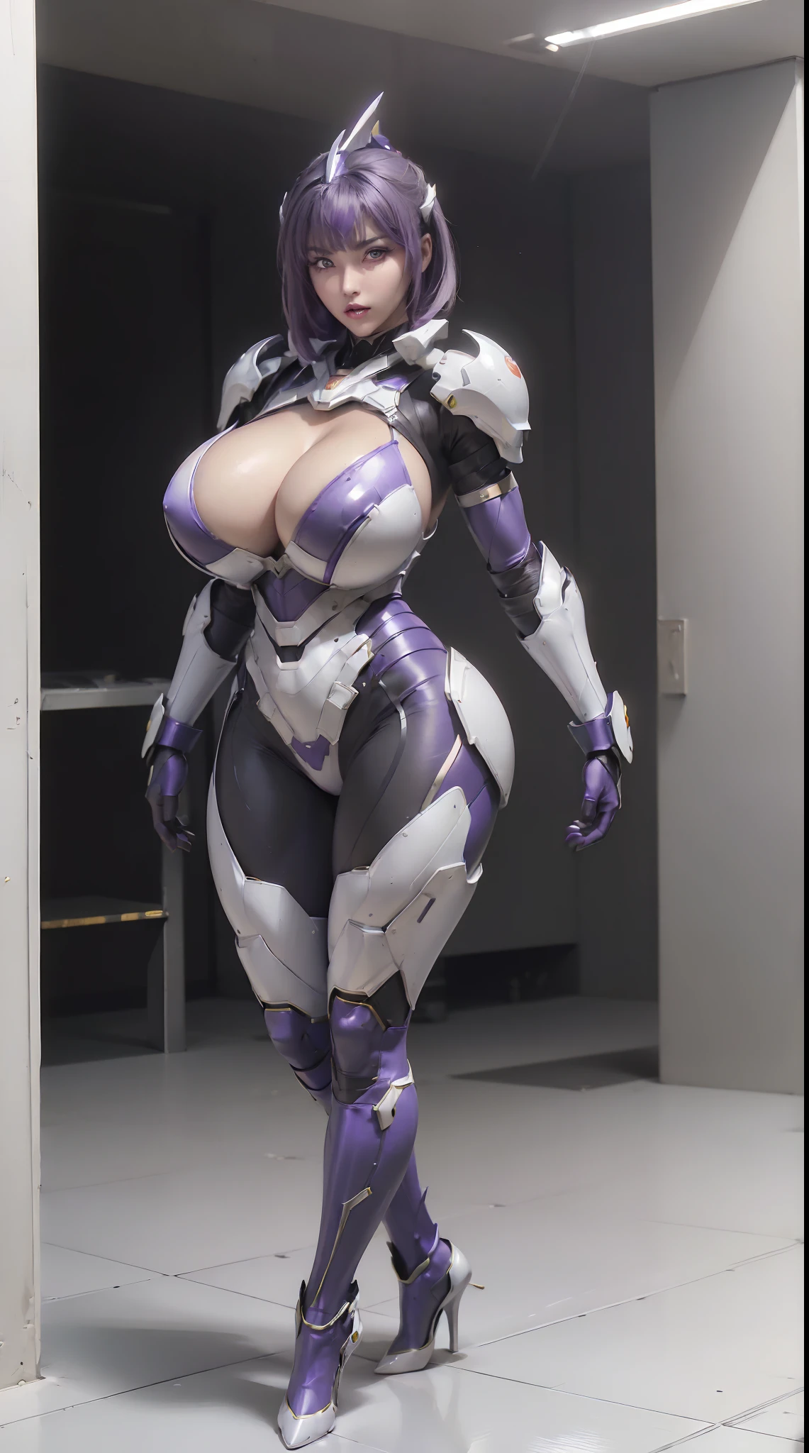 (1GIRL,SOLO:2), (super detailed face), ((black long hair:1)), ((BIG BUTTOCKS, HUGE FAKE BREASTS:1.5)), (CLEAVAGE TOP:1.5), (11 LINE ABS FEMALE:1.4), (MECHA GUARD ARM:1.4), ((WEAR PURPLE WHITE MECHA OVERWATCH ARMOR SUIT, BLACK MECHA SKINTIGHT SUIT PANTS, MECHA GUARD ARMOR LEGS, HIGH HEELS:1.5)), (LEWD VOLUPTUOUS BODY:1.3), (GLOWING SKIN:0.8), (SEXY LONG LEGS, FULL BODY:1.3), (LOOKING AT VIEWER:1.3), (female focus:0.886), (WALKING DOWN HALLWAY OF FUTURISTIC SPACE STATION:1), (BRIGHT LIGHT WHITEROOM:1.3), SUPER TEXTURE, UNREAL ENGINE RENDER, PHYSICALLY-BASED RENDERING, ULTRA HIGHT DEFINITION, 16K, 1080P.