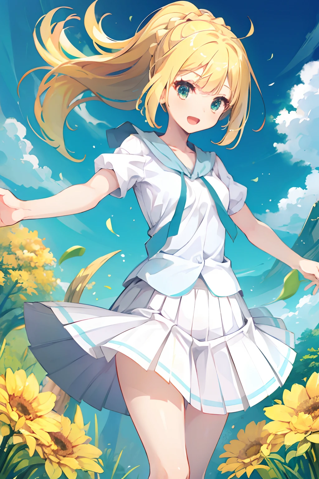 a blond,simple background,Alily, Long hair, Ponytail, french braids, White shirt, Short sleeves, White skirt, Pleated skirt,Smile with open mouth,grass field,Top image quality,masutepiece,Best Quality