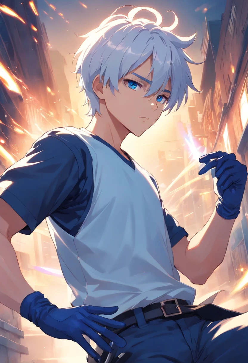 A very handsome male warrior., Short white hair, sharp, , blue eyes, wearing white t-shirt, Dark blue trousers, leather gloves,