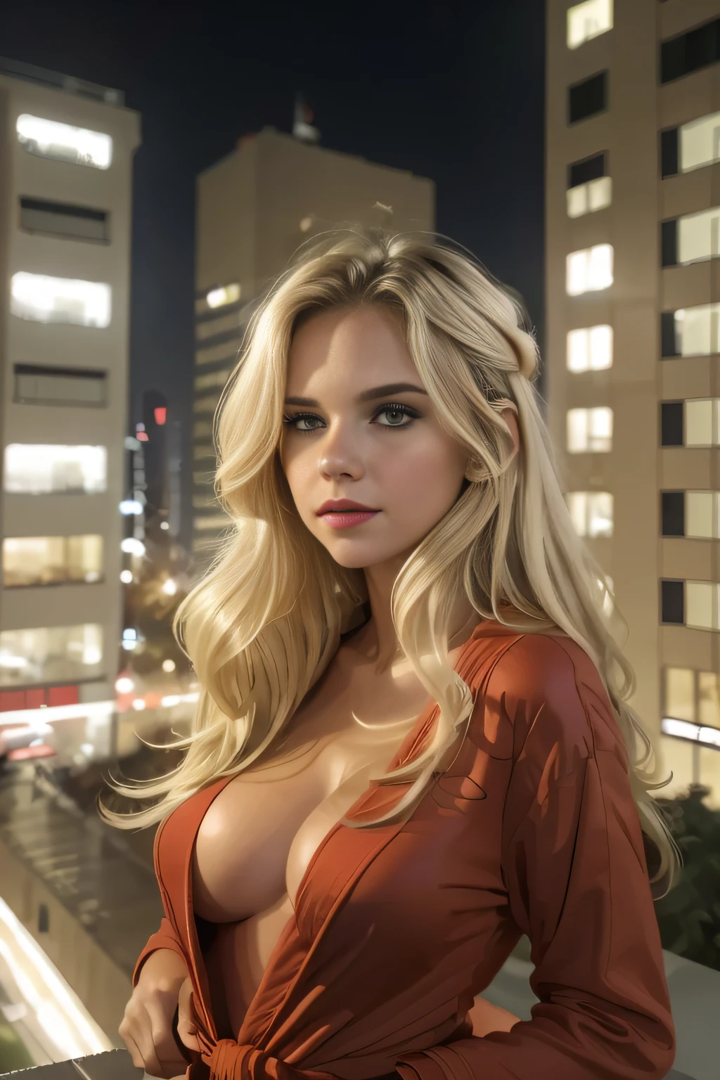 qualidade absurda. natural  lightting. hiper-realismo. Fantastic illustration. Girl in red bathrobe, cabelo loiro, saindo do banho, fazendo sexo oral,  on top of a building with the city of São Paulo, in the nighttime, com a lua cheia ao fundo.