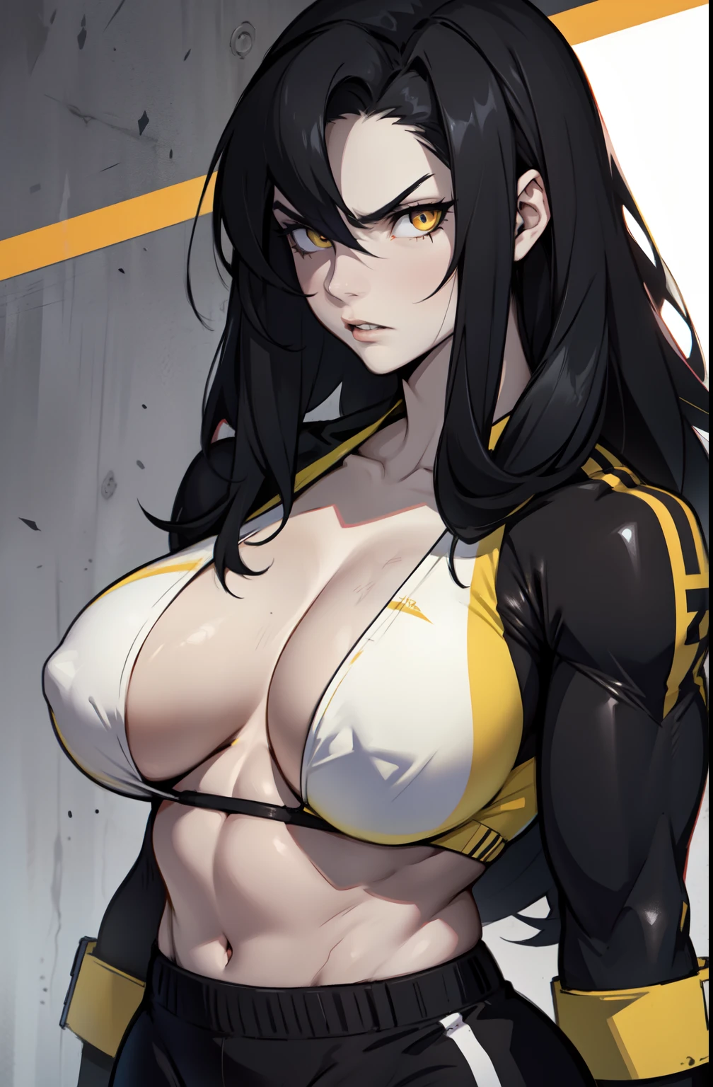 pale skin solo 1 girl black hair yellow eyes angry very long hair large breasts bodybuilder