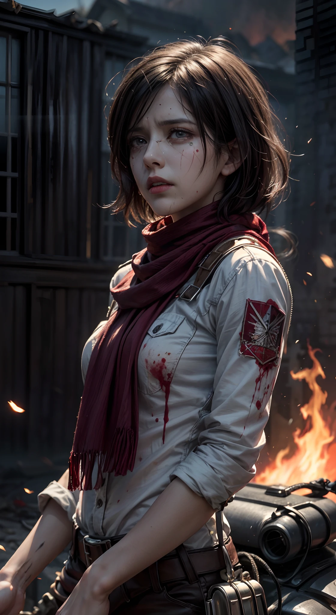 (masterpiece), (hyper realistic), Attack on Titan, half body shot, Mikasa Ackerman, Crying, sadness, Tears, A maroon scarf around his neck, blood stains on his face and clothes, dinamic lighting, dramatic fire background