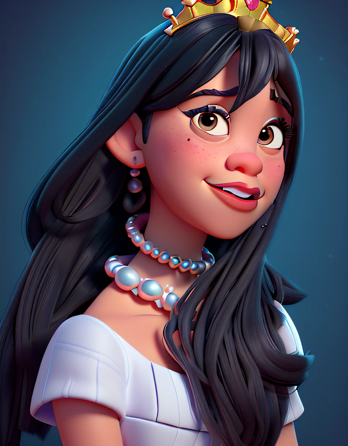 Pixar style movie poster, in 3d pixar disney style, jenna ortega. big lips, big eyes, ,black dress, pearl collar, crown. chibi