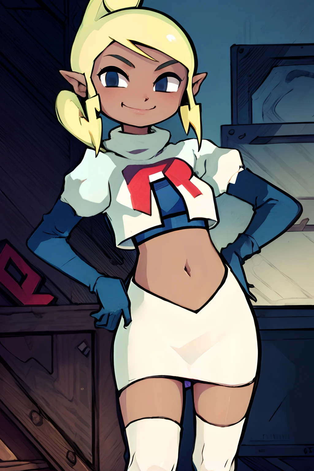 Tetra_Zelda, rocket,team rocket uniform, red letter R, white skirt,white crop top,black thigh-highs,black elbow gloves, confident smile, tanned skin, hands on hips