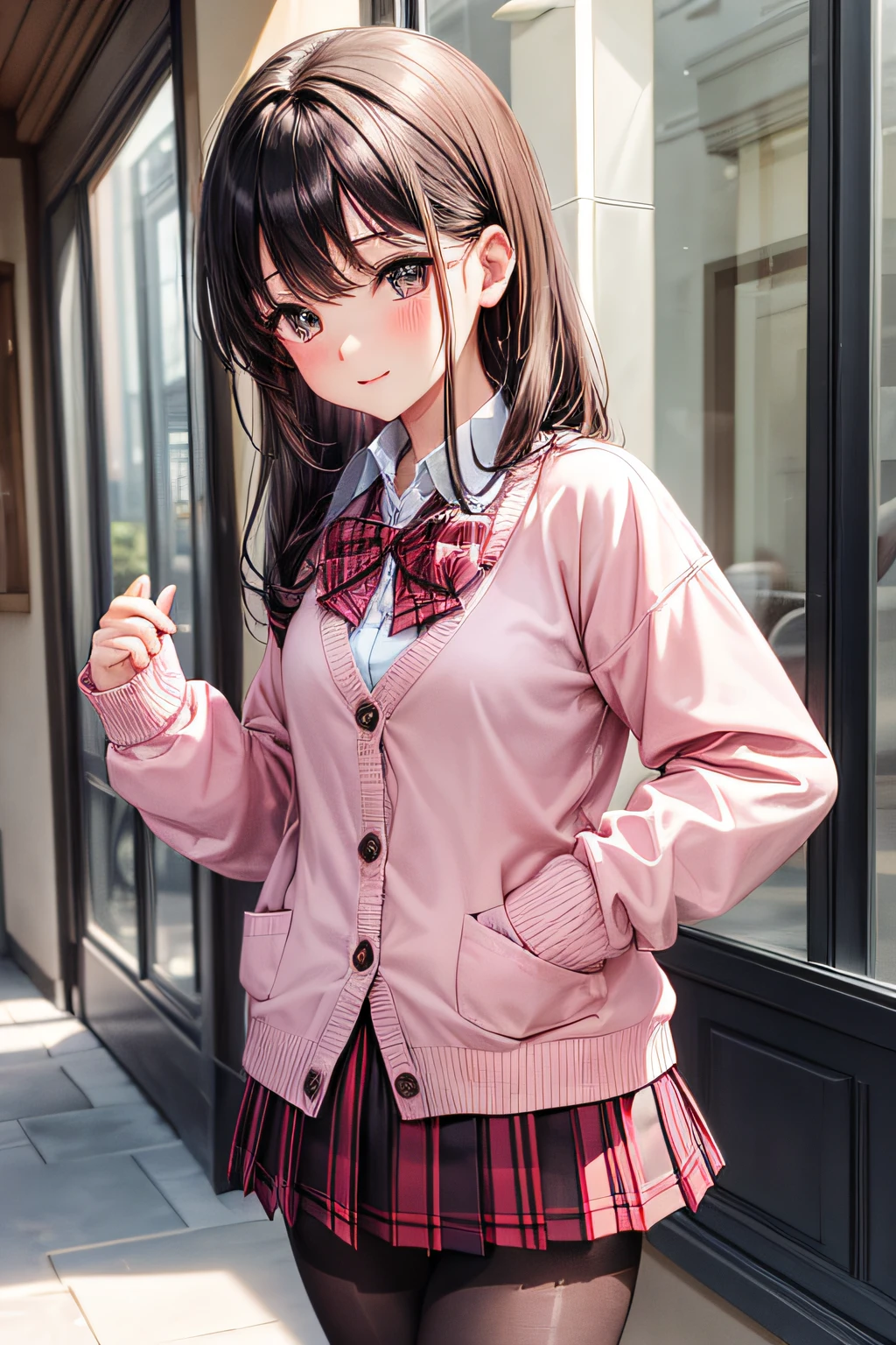 ((worst quality, low-quality)), (School Uniforms:1.2), (pink cardigan is fit body:1.4), ((do up a buttons, not loose):1.5), ((long sleeve, sleeves past wrists):1.2), (inner wear is white collared-shirt:1.3), (red plaid-pattern bow:1.3), (red plaid-pattern pleated skirt:1.3), ((dark-brown pantyhose loafers):1.2), (Castles), (Theme Park Background), masutepiece,Best Quality,ultra-detailliert,