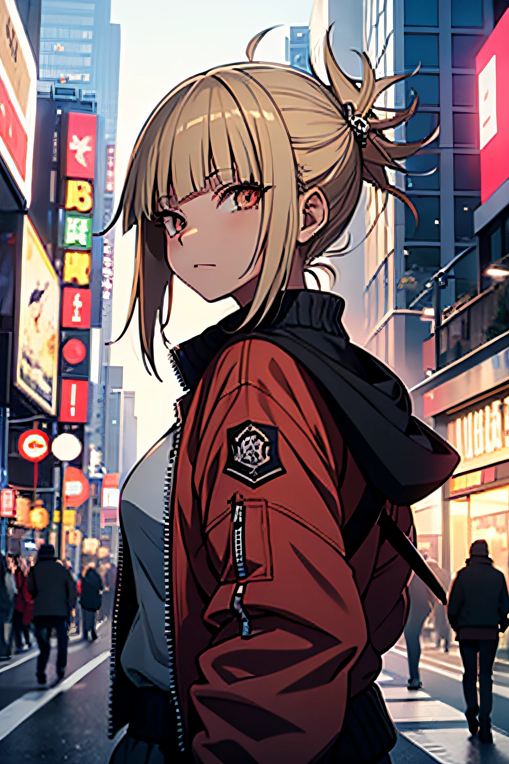 himiko toga in the city with a jacket bomber, cinematic