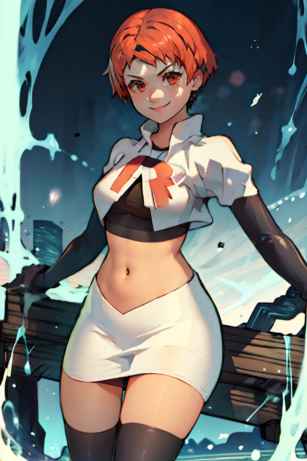 leoniems, short hair, team rocket uniform, red letter R, white skirt,white crop top,black thigh-highs,black elbow gloves, confident smile