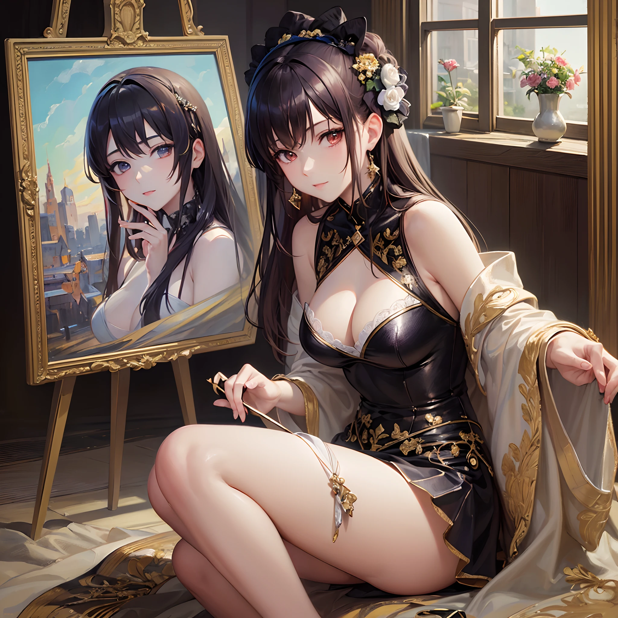 ((Finest quality)),(超A high resolution),(ultra-detailliert),((Best Anime)),sharpnes,Clair,Art with astounding depictions,Glamorous atmosphere:1.4, (1 female painter:1.3),Painting against the canvas