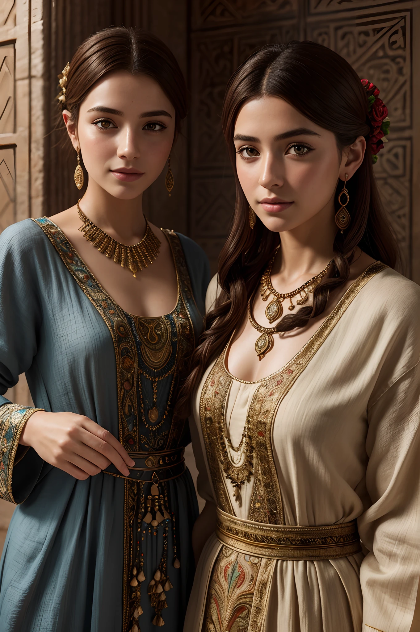 high quality, ultra-realistic, closeup portrait of two Beautiful women of ancient Mesopotamia, full body, ancient Mesopotamian civilization, Babylonia, Uruk, tunics of various lengths, linen garments, agate necklaces, paisley clothing, Kaunakes, bronze ware, a little smile, high adobe walls, luminism, 3d render, octane render, cinematic, Isometric, awesome full color, 8K Ultra HD, by yukisakura, high detailed,