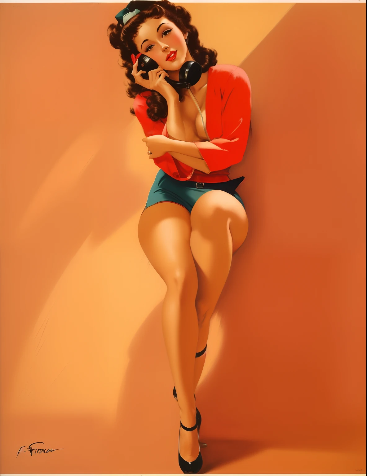 CORES VIVAS, uma pintura de uma mulher sentada em um banco falando ao telefone, Arte Pinup, Frank Franzetta, Frank Frzetta, Gill Elvgren, Artgerm e Gil Elvgren, Enoque Bolles, Estilo Gil Elvgren, Pin - Up Menina, menina pinup, pin up menina, Pin - para cima, Pin-up, Pin-up poster girl
