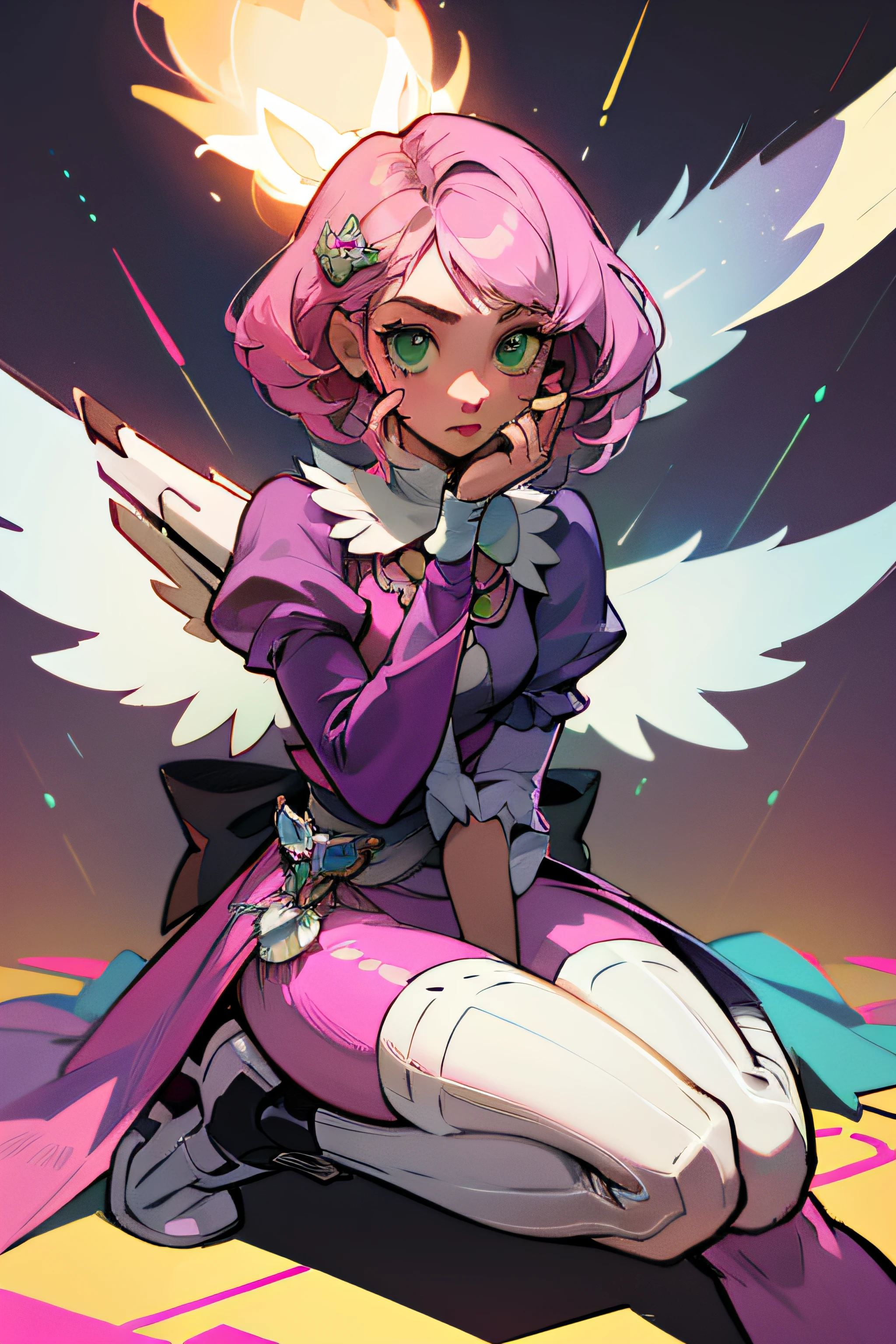 Alisa bosconovitch, melhor qualidade, contemporary, estilo plano, minimalismo, Green Eyes Flat Illustration, cabelo rosa, cabelo curto, cabelos multicoloridos, Camisa Preta, mechanical wings, Head Portrait Close-U, peito pontudo, decote, super decote, middlebreasts, Tekken,cabelo rosa pastel, 1girl, em quimono, hand-painted,Desenho de linha sem cor, colorida do yandere pastel, Tekken, com roupa de empregada,figura esbelta,robusto,He sat on the floor,Vestido com roupas de empregada rosa e branco,cabelos muito curtos,com orelhas de gato,quadratic element,, kawaii cor-de-rosa na roupa da era de 1910, Alisa Bosconovich pink lips, no estilo da paleta de cores suave aurorapunk, an anime illustration of his face, gifs animados, hand drawn animation, charming sketches, suave e brilhante, romantismo nebuloso, Estilo Superflat, fundo branco - ar 1:1 - niji 5 - estilo expressivo --s 50