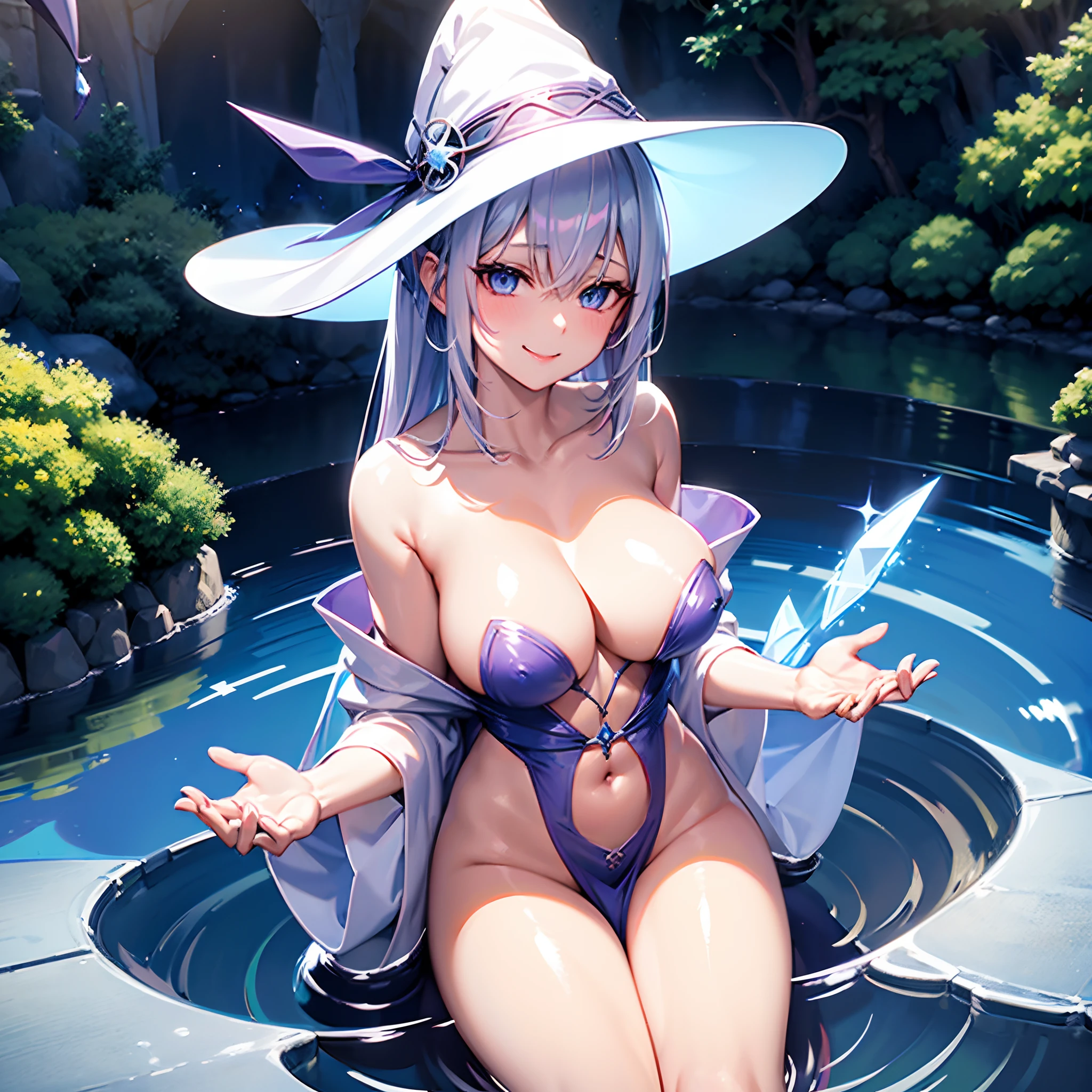 Naked wizard girl in open-air bath in Japan、White hair with a blue-violet mesh、Blue eyes with highlights、Looking at me with a smile、Large witch hat with sapphire accessories、nudde、fullnude、B cup breasts、Pink nipple