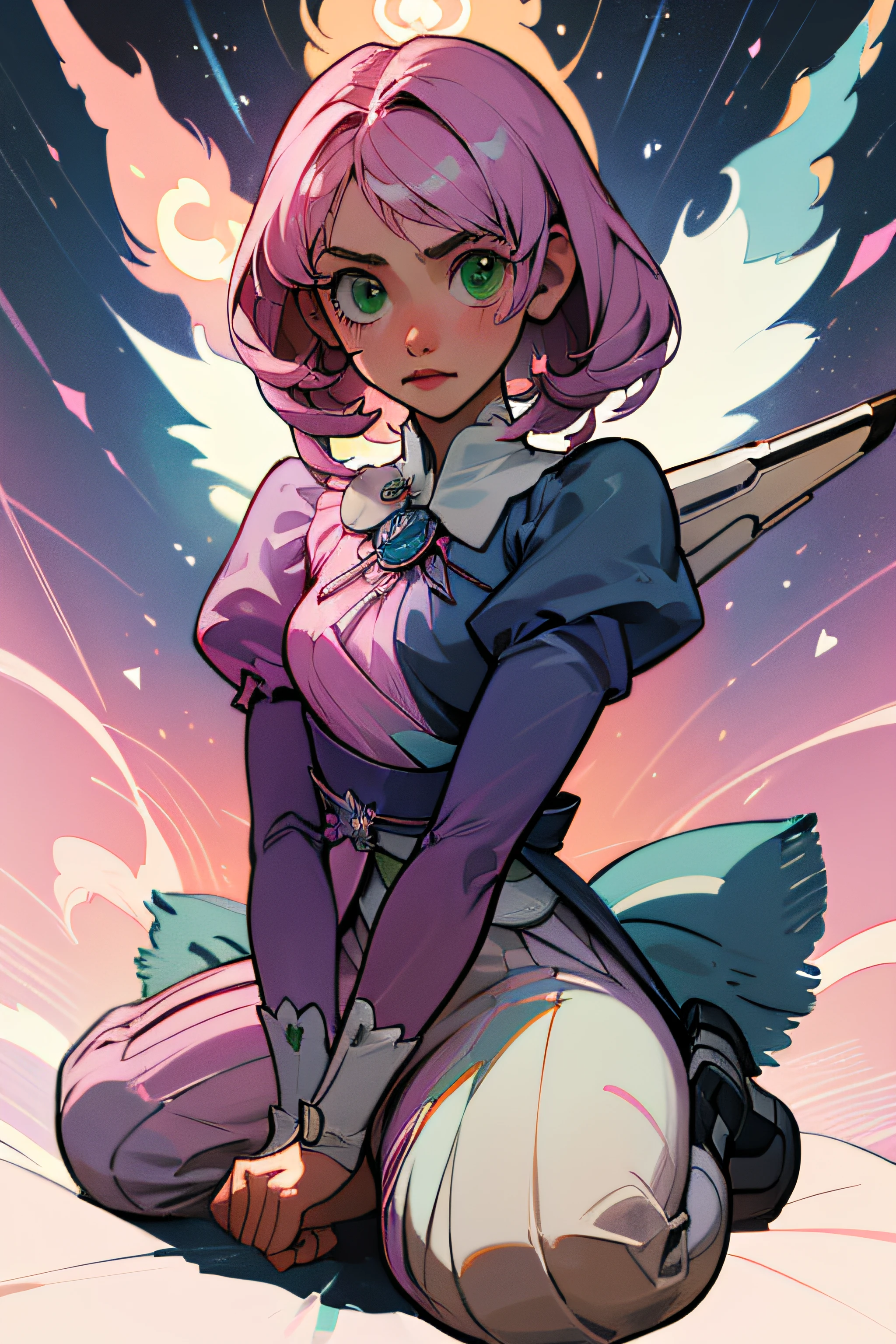 Alisa bosconovitch, melhor qualidade, contemporary, estilo plano, minimalismo, Green Eyes Flat Illustration, cabelo rosa, cabelo curto, cabelos multicoloridos, Camisa Preta, mechanical wings, Head Portrait Close-U, peito pontudo, decote, super decote, middlebreasts, Tekken，cabelo rosa pastel, 1girl, em quimono, hand-painted，Desenho de linha sem cor, colorida do yandere pastel, Tekken, [Detailed illustrations, Arte baseada em anatomia extremamente ideal, desenhos muito detalhados e detalhados, delicate lines with slowness and urgency, Realistic texture expression],(((Linhas principais coloridas)),(Obras de arte com excelente artesanato),(fundo do parque),[HENTAI anime  japonesa bonita 14 anoade Skinny] cabelo rosa claro, com roupa de empregada，figura esbelta，robusto，He sat on the floor，Vestido com roupas de empregada rosa e branco，cabelos muito curtos，com orelhas de gato，quadratic element，, kawaii cor-de-rosa na roupa da era de 1910, Alisa Bosconovich pink lips, no estilo da paleta de cores suave aurorapunk, an anime illustration of his face, gifs animados, hand drawn animation, charming sketches, suave e brilhante, romantismo nebuloso, Estilo Superflat, fundo branco - ar 1:1 - niji 5 - estilo expressivo --s 50