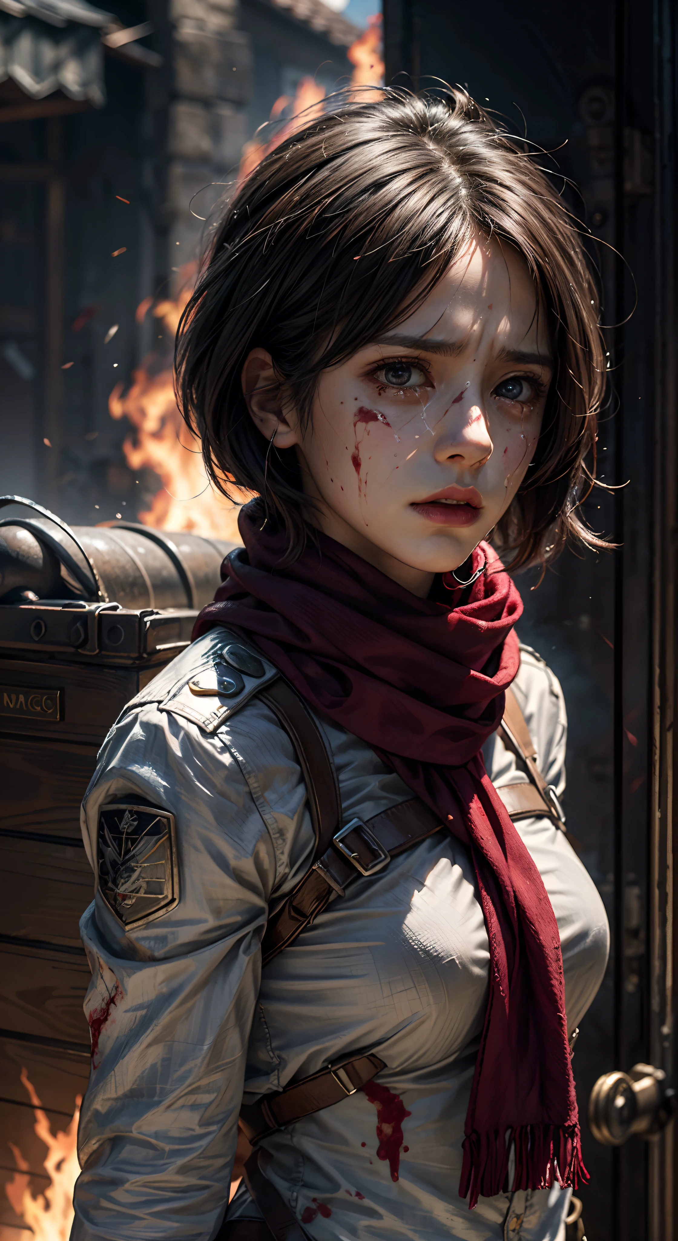 (masterpiece), (hyper realistic), Attack on Titan, half body shot, Mikasa Ackerman, Crying, sadness, Tears, A maroon scarf around his neck, blood stains on his face and clothes, dinamic lighting, dramatic fire background