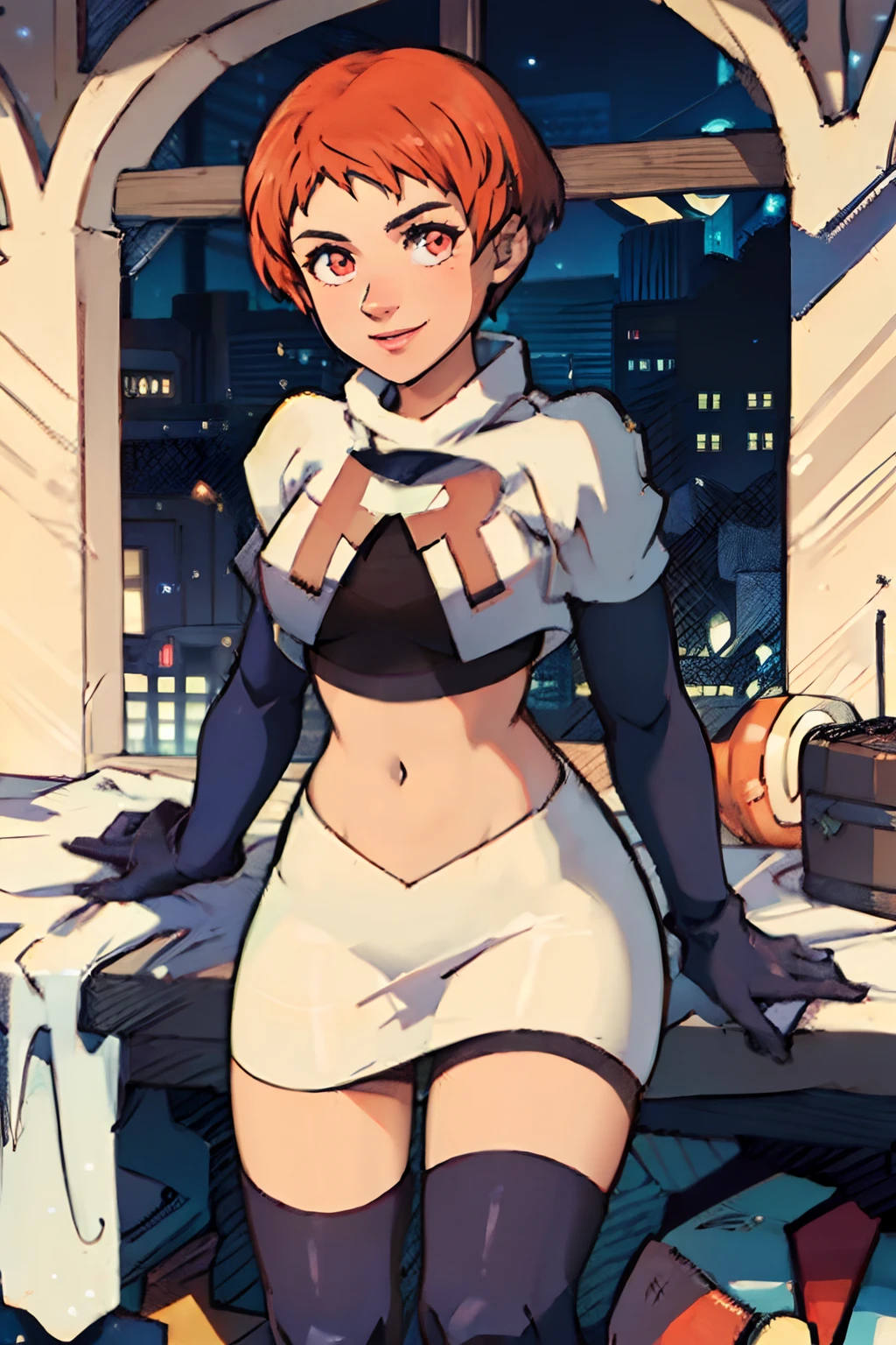 leoniems, short hair, team rocket uniform, red letter R, white skirt,white crop top,black thigh-highs,black elbow gloves, confident smile