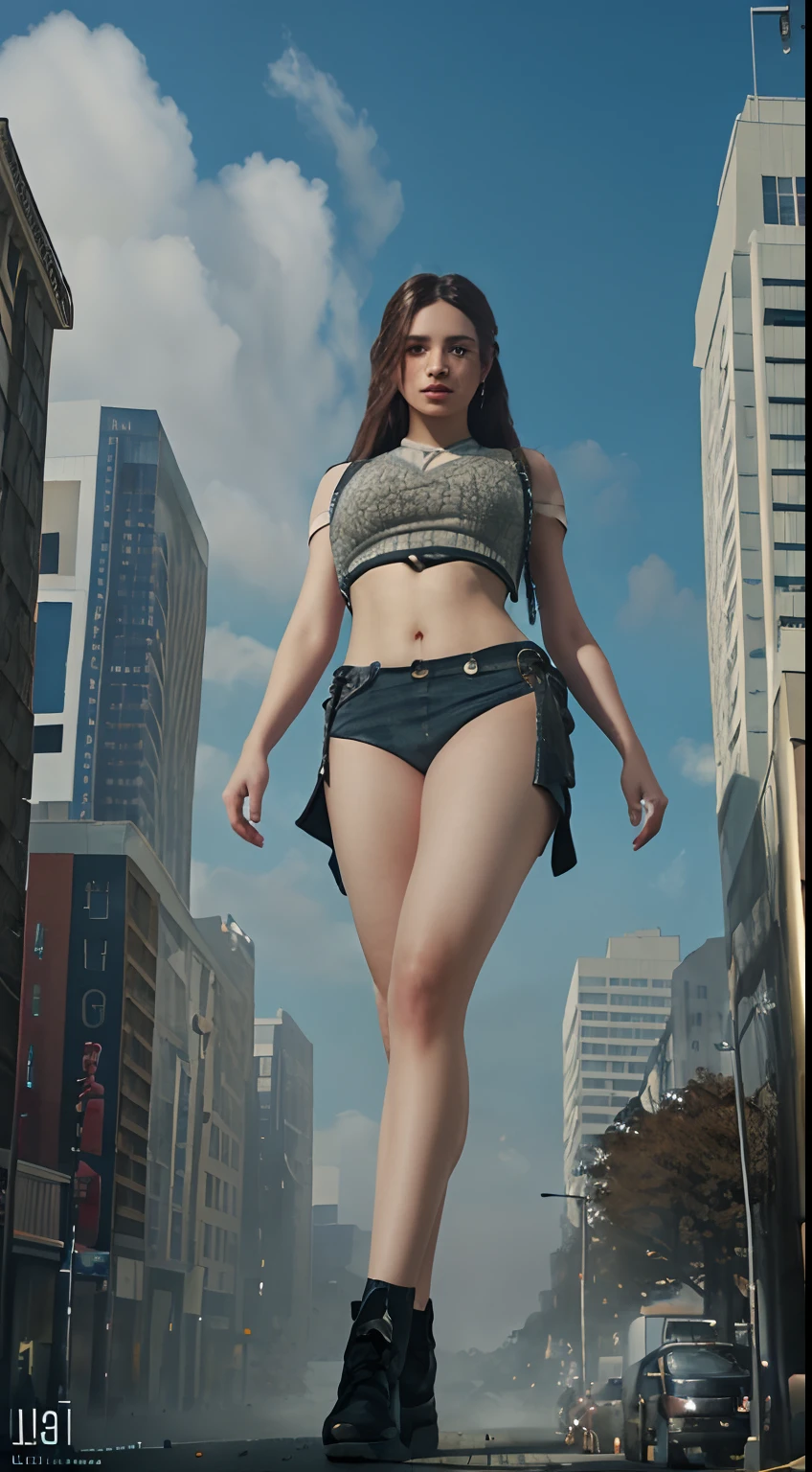 Pretty WOMAN with a highly detailed 1200k full body, midriff exposed, giantess, towering over city, clear focus, studio photography, intricate detail, high detail, cinematic lighting, beautiful, ultra detailed 101K resolution, 3D shading, Unreal Engine 5, sf, trending on artstation, sharp focus, studio shot, intricate details, highly detailed, by greg rutkowski