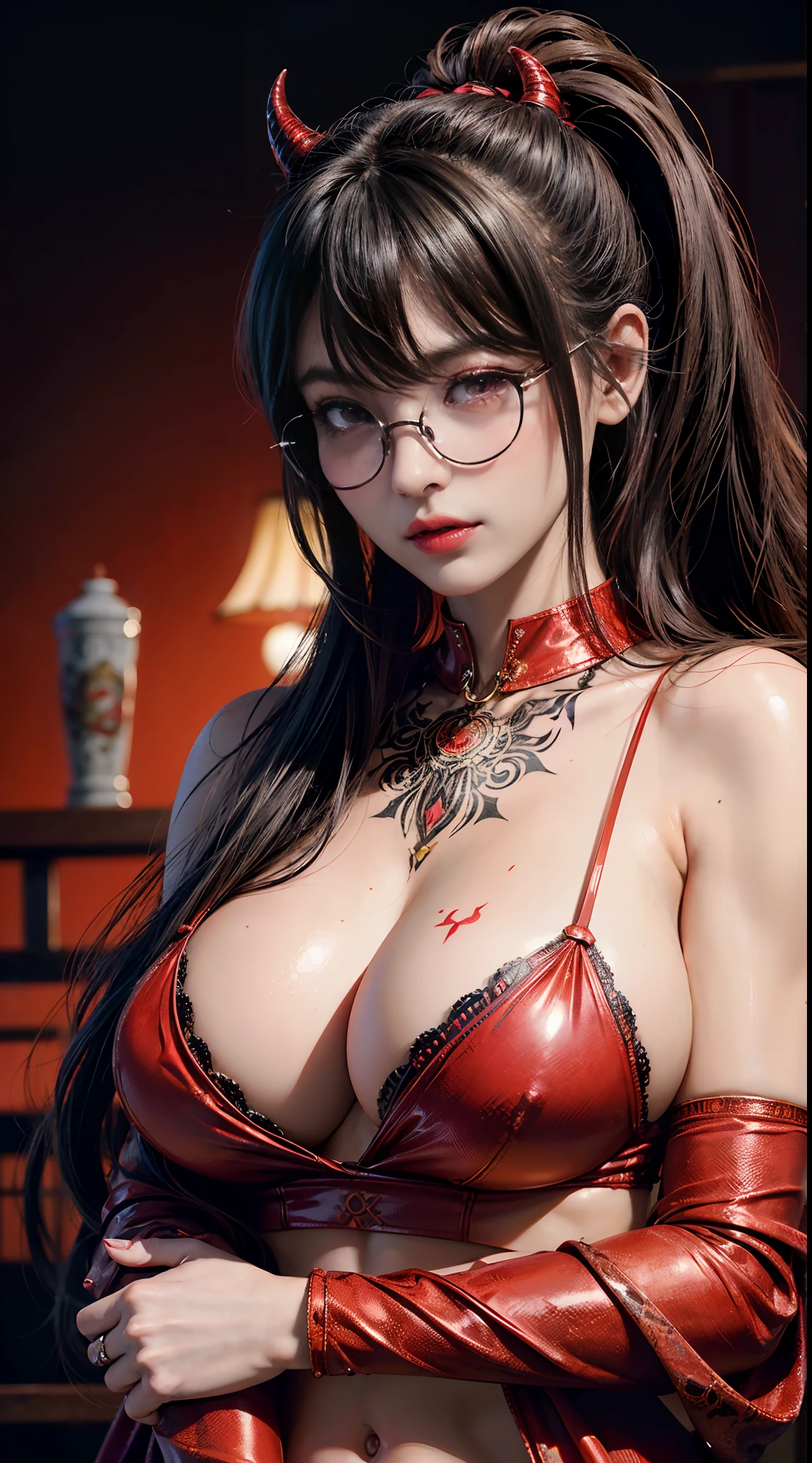 Fine、(The best illustrations)、8k UHD resolution、intricate-detail、top-quality、realisitic、ultra-detailliert、The best lighting、Best Shadows、Soft lighting、Ulutra HD、1 beautiful devil woman from hell, surreal female portraits by David Hockney and Alphonse Mucha, Portrait of a seductive woman、Fantasy Art, Chinese Doll、Dungeon、The dragon、Devil's Palace、Devil's Torture Chamber、magia、 Evil Nun、Dark Necromancer、natta、Dark style、Succubus、Devil's Daughter、Umi Shinonome、Bat Wings,(((Demon Horns)))、((((black-rimmed round glasses))))、(((Colossal tits)))、(Devil's Tail)、(red eyes glowing:1.6)、 intricate tattoos, demonic intricate tattoos, thigh tattoos, body tattoos, masterpiece、beautiful countenance、a 、Muscular seductive body、The enchanting body of the devil、Chinese actress、Seductive Black Magic Costume、(((A shiny red snake is wrapped around her body)))、Tindall Effect、photos realistic、(High Detail Skins:1.2)、 (Intricate details, makeup, pureerosface_v1:0.5), (Detailed beautiful delicate face, Detailed beautiful delicate eyes, A perfectly proportioned face, High detailed skin, Detailed skin, best ratio four finger and one thumb, arms below breasts, Tattoo with a red glow under the stomach、Awesome awesome, wide hips, smooth midriff, skiny and thin, __Fashion__, __hair__:1.25)、Digital SLR、hightquality、a picture、hight resolution、 absurderes、Ponytail distortion、女の子1人、Red sparkling gemstone necklace、jewely、Beautiful expression、Body Up、Large breasts emphasis、Toned waist、Wide buttocks、Devil's Tail、intricate tattoos, demonic intricate tattoos, thigh tattoos, body tattoos, effect、Photorealsitic、(High Detail Skins:1.2)、In the Dark, lowkey, cowboy lens, (red phoenix dress: 1.0), Seductive Black Magic Costume、Long hair, Black hair, Bust, Devil's Palace, devil crown, red eyes make up very sharp and detailed, The most beautiful face, Super tight breasts, Breast augmentation surgery, The breasts are very big and round and round, Black magic costume、Super realistic , Charming smile,a baby face、 The eyes