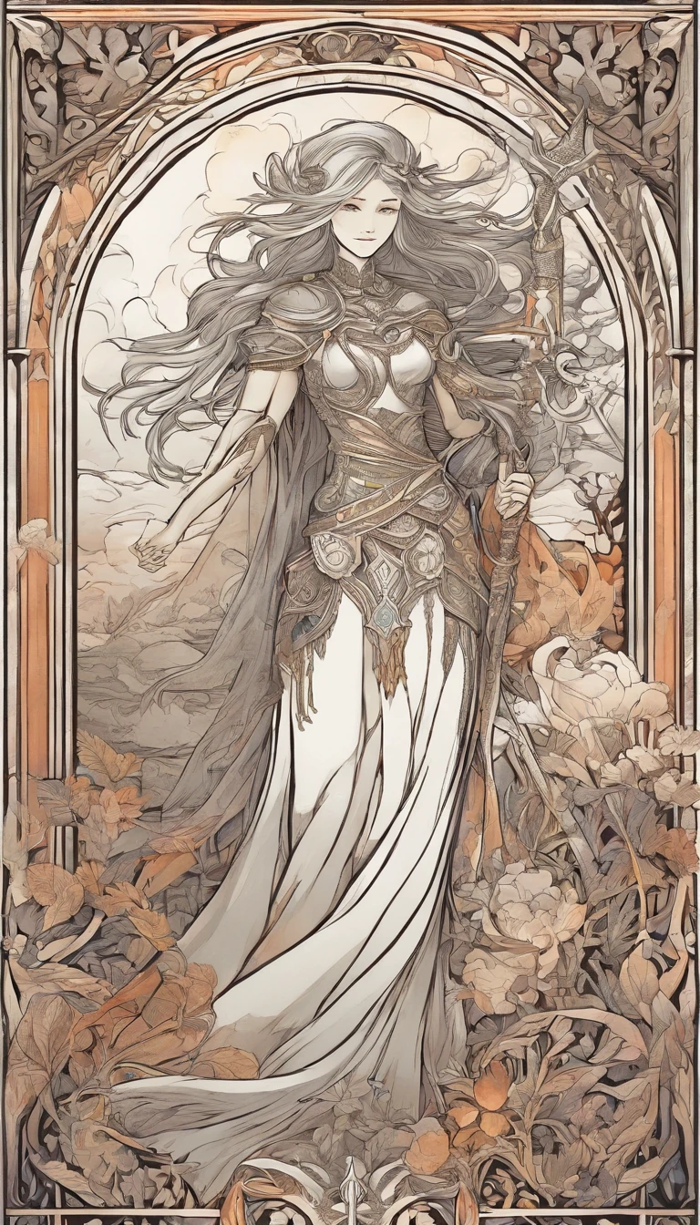Vivid colors, detailed armor, engraved metallic armor, intricate designs on the armor, intricate armor engravings, imposing and powerful stance, fierce , flowing short white hair, dynamic pose, intense battle scene, fantasy setting, vibrant colors, dramatic lighting, epic atmosphere, mythical creatures in the background, magical effects surrounding the sword, attention to anatomy and facial features, iconic use of highlights and shadows, capturing emotion, masterful composition, portraying strong female characters.