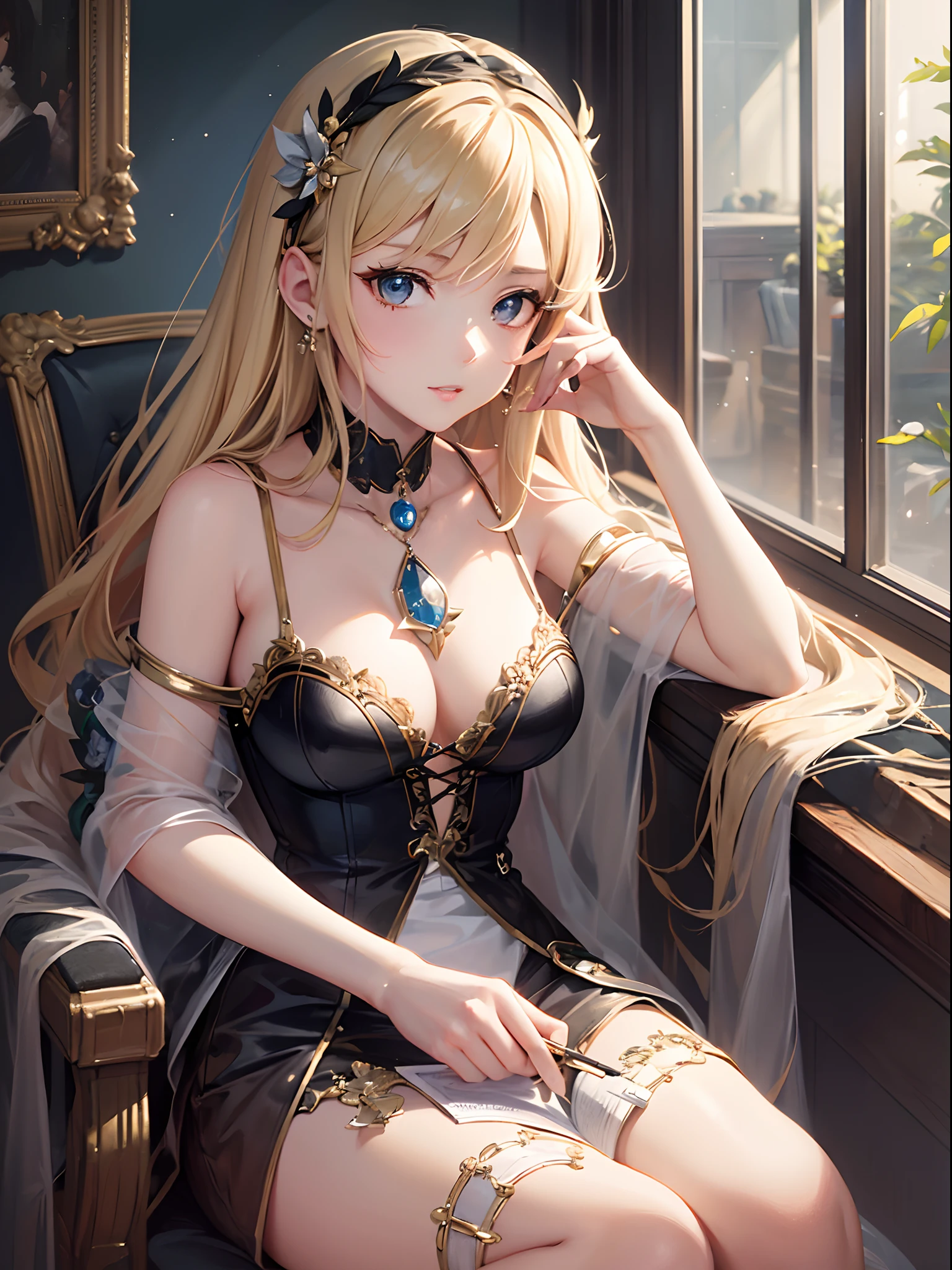 ((Finest quality)),(超A high resolution),(ultra-detailliert),((Best Anime)),sharpnes,Clair,Art with astounding depictions,Glamorous atmosphere:1.4, (1 female painter:1.3),Sit in a chair and draw on the canvas