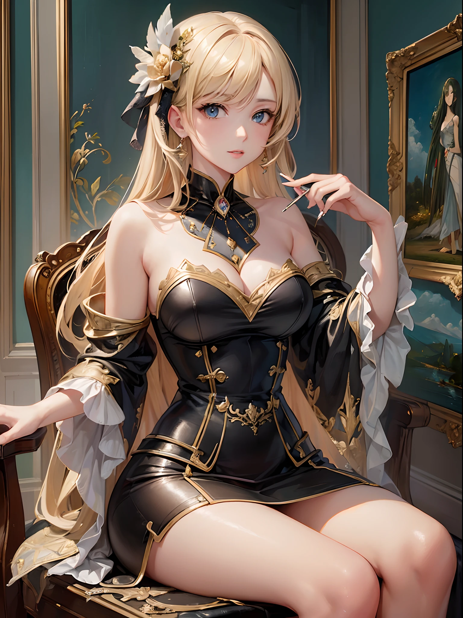 ((Finest quality)),(超A high resolution),(ultra-detailliert),((Best Anime)),sharpnes,Clair,Art with astounding depictions,Glamorous atmosphere:1.4, (1 female painter:1.3),Sit in a chair and draw on the canvas