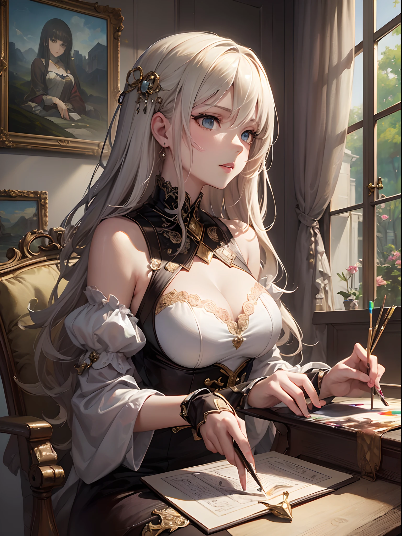 ((Finest quality)),(超A high resolution),(ultra-detailliert),((Best Anime)),sharpnes,Clair,Art with astounding depictions,Glamorous atmosphere:1.4, (1 female painter:1.3),Sit in a chair and draw on the canvas