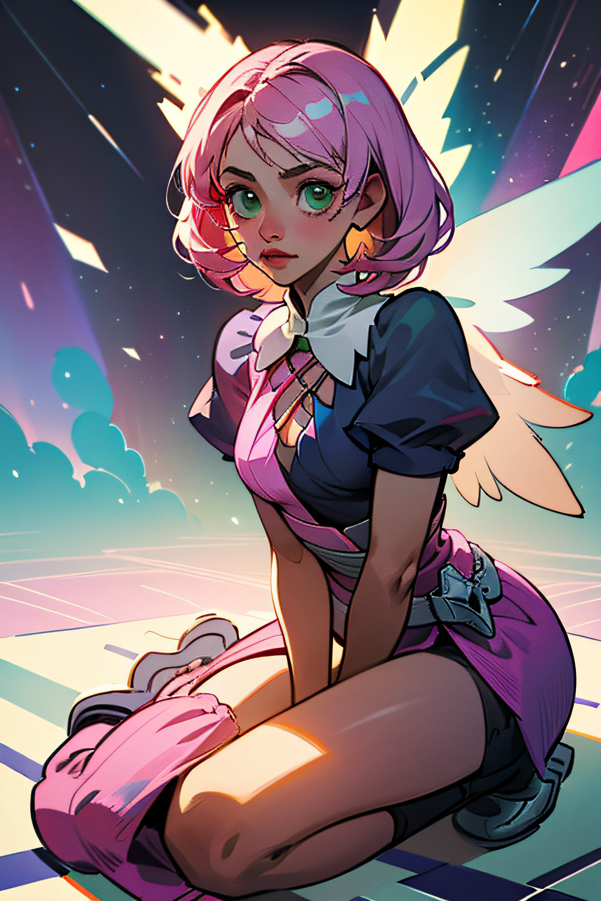 Alisa bosconovitch, melhor qualidade, contemporary, estilo plano, minimalismo, Green Eyes Flat Illustration, cabelo rosa, cabelo curto, cabelos multicoloridos, Camisa Preta, mechanical wings, Head Portrait Close-U, peito pontudo, decote, super decote, middlebreasts, Tekken，cabelo rosa pastel, 1girl, em quimono, hand-painted，Desenho de linha sem cor, colorida do yandere pastel, Tekken, [Detailed illustrations, Arte baseada em anatomia extremamente ideal, desenhos muito detalhados e detalhados, delicate lines with slowness and urgency, Realistic texture expression],(((Linhas principais coloridas)),(Obras de arte com excelente artesanato),(fundo do parque),[HENTAI anime Menina japonesa bonita 14 anos de idade Skinny] cabelo rosa claro, com roupa de empregada，figura esbelta，robusto，He sat on the floor，Vestido com roupas de empregada rosa e branco，cabelos muito curtos，com orelhas de gato，quadratic element，, kawaii cor-de-rosa na roupa da era de 1910, Alisa Bosconovich pink lips, no estilo da paleta de cores suave aurorapunk, an anime illustration of his face, gifs animados, hand drawn animation, charming sketches, suave e brilhante, romantismo nebuloso, Estilo Superflat, fundo branco - ar 1:1 - niji 5 - estilo expressivo --s 50