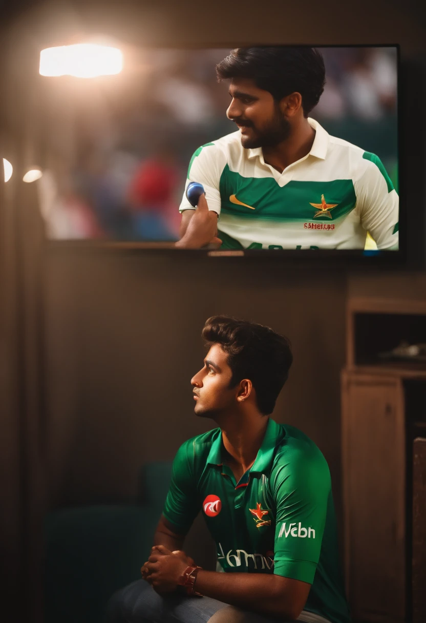 A 20 years old boy is watching Bangladesh cricket match on TV. The boy's name is Abir and jersey number 10 is written on the jersey.His girlfriend kiss him. realistic 8k image