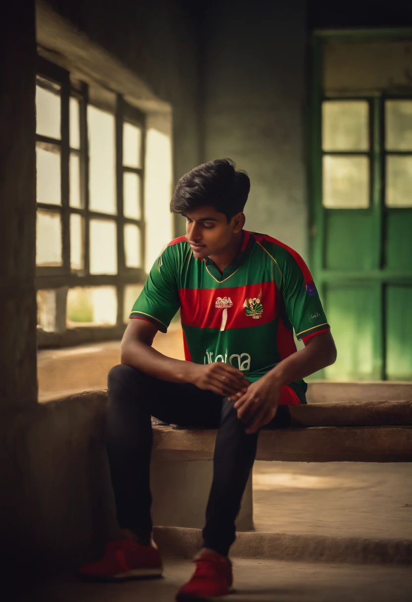 A 20 years old boy is watching Bangladesh cricket match on TV. The boy's name is Abir and jersey number 10 is written on the jersey.His girlfriend kiss him. realistic 8k image