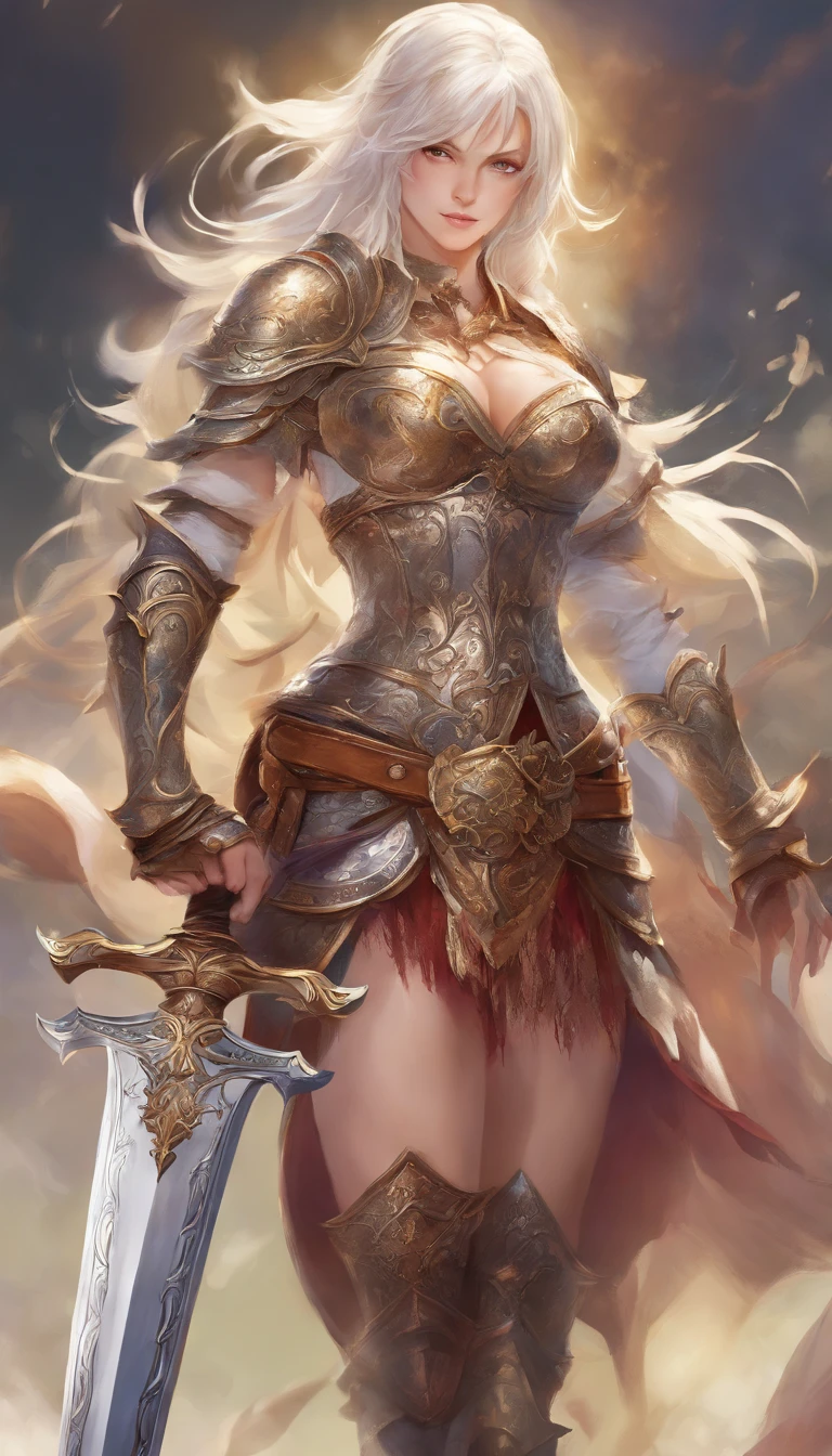 Vivid colors, detailed armor, engraved metallic armor, intricate designs on the armor, intricate armor engravings, imposing and powerful stance, fierce , flowing short white hair, dynamic pose, intense battle scene, fantasy setting, vibrant colors, dramatic lighting, epic atmosphere, mythical creatures in the background, magical effects surrounding the sword, attention to anatomy and facial features, iconic use of highlights and shadows, capturing emotion, masterful composition, portraying strong female characters.