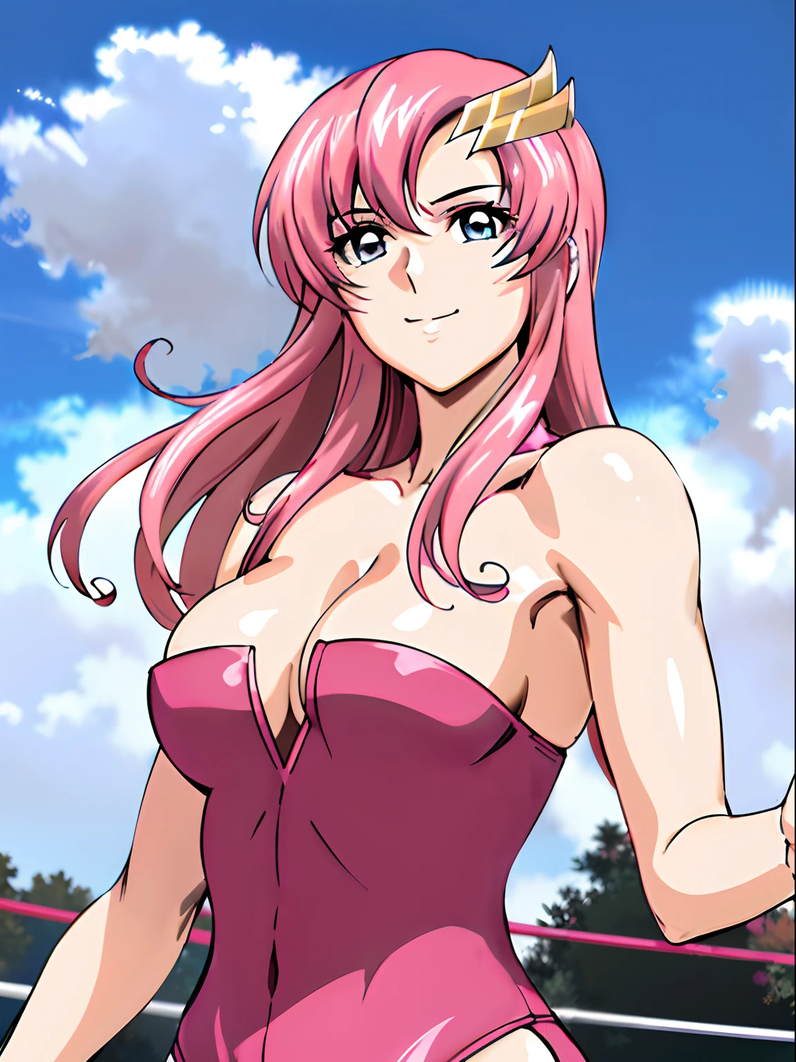 (((pink strapless wrestling outfit))), (masterpiece, , 4K, Best Quality, Anime style: 1.9,, Adult Woman, ultra detailed face, (cloud background, wrestling), Drawing lines, high resolution, Anime, lacus4), 1girl, Solo, curvy figure, Long hair, 鎖骨, scapular, (Detailed wide hair bangs, Hair Ornament, Detailed reddish-pink hair, golden crest), cleavage, large hands, (pro female wrestler). (Big blue eyes, shiny eyes), ((female wrestler, little biceps, slender body, broad shoulders, closed fists, closed mouth)), ((perfect proportions, medium breasts, cleavage, long belly)), (((flimsy pink wrestling outfit))),( looking at the viewer, confident, smile),