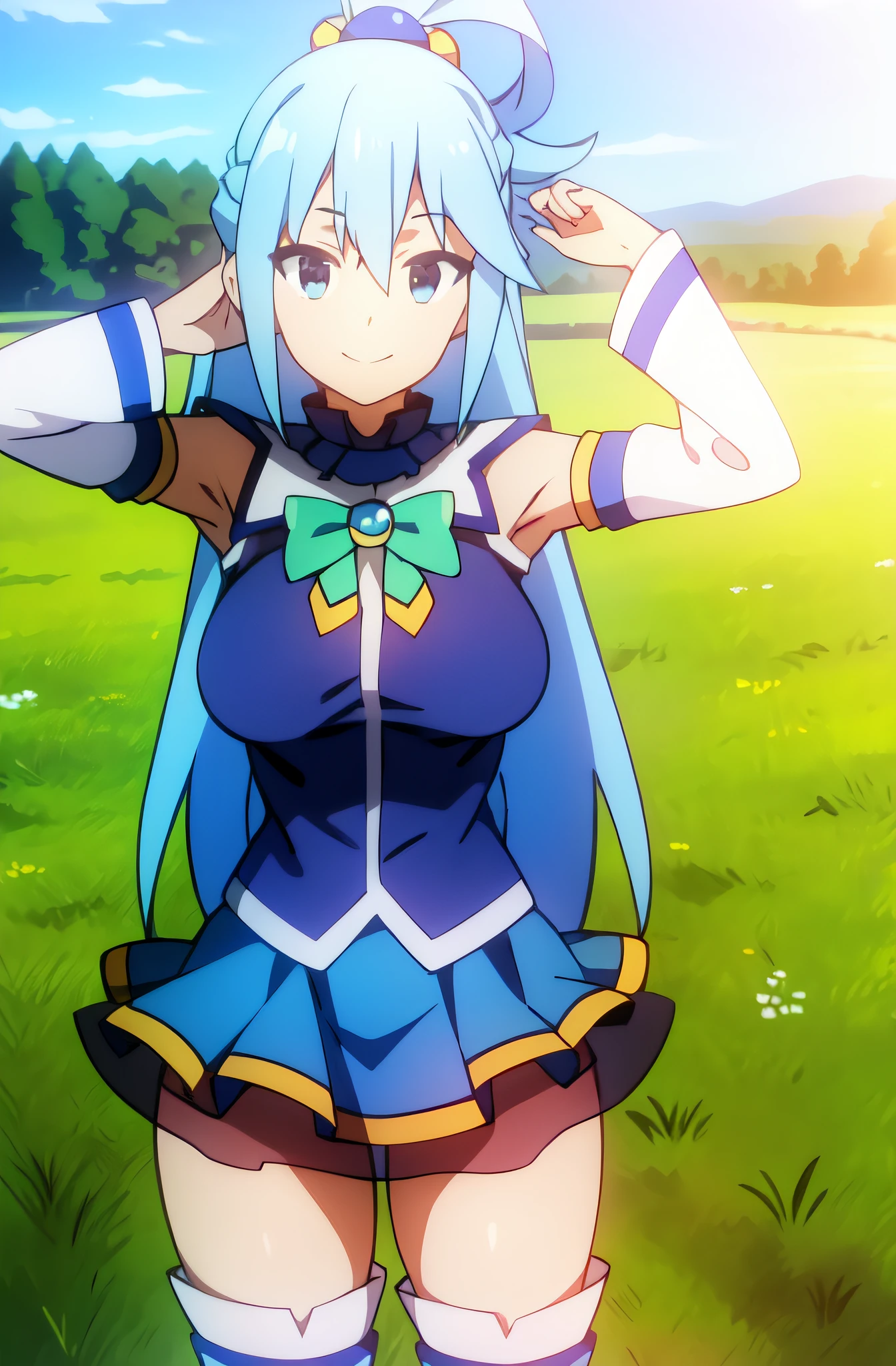 (masterpiece), high quality, (detailed background), 1girl, solo,
ChopioAqua, blue hair, long hair, very long hair, hair ornament, hair between eyes, blue eyes, (looking at viewer:1.3),
mature female, large breasts,
single hair ring,
outfit_1, white collar, detatched collar, bare shoulders, green bowtie, blue gem, blue shirt, detatched sleeves, white sleeves, blue skirt, miniskirt, see-through, layered skirt, thighhighs under boots, zettai ryouiki, ( white thighhighs, blue thigh boots:1.2),
outdoors, field, sunny, standing
smile, arm up, armpits,