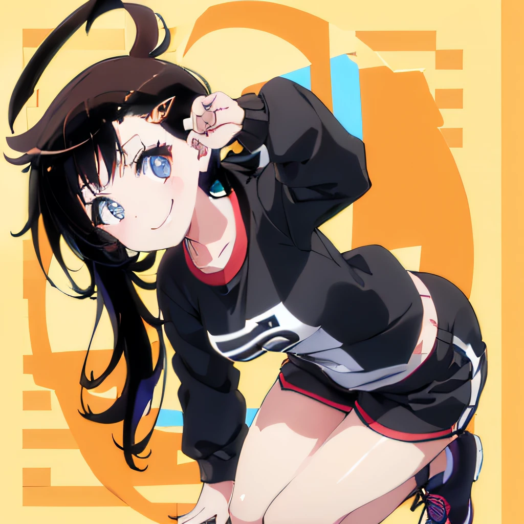 girl with、Chibi、((Best Quality, high_resolution, Distinct_image)),(Black hair), Gym Shorts 00, ((Beautiful eyes))0, Smile