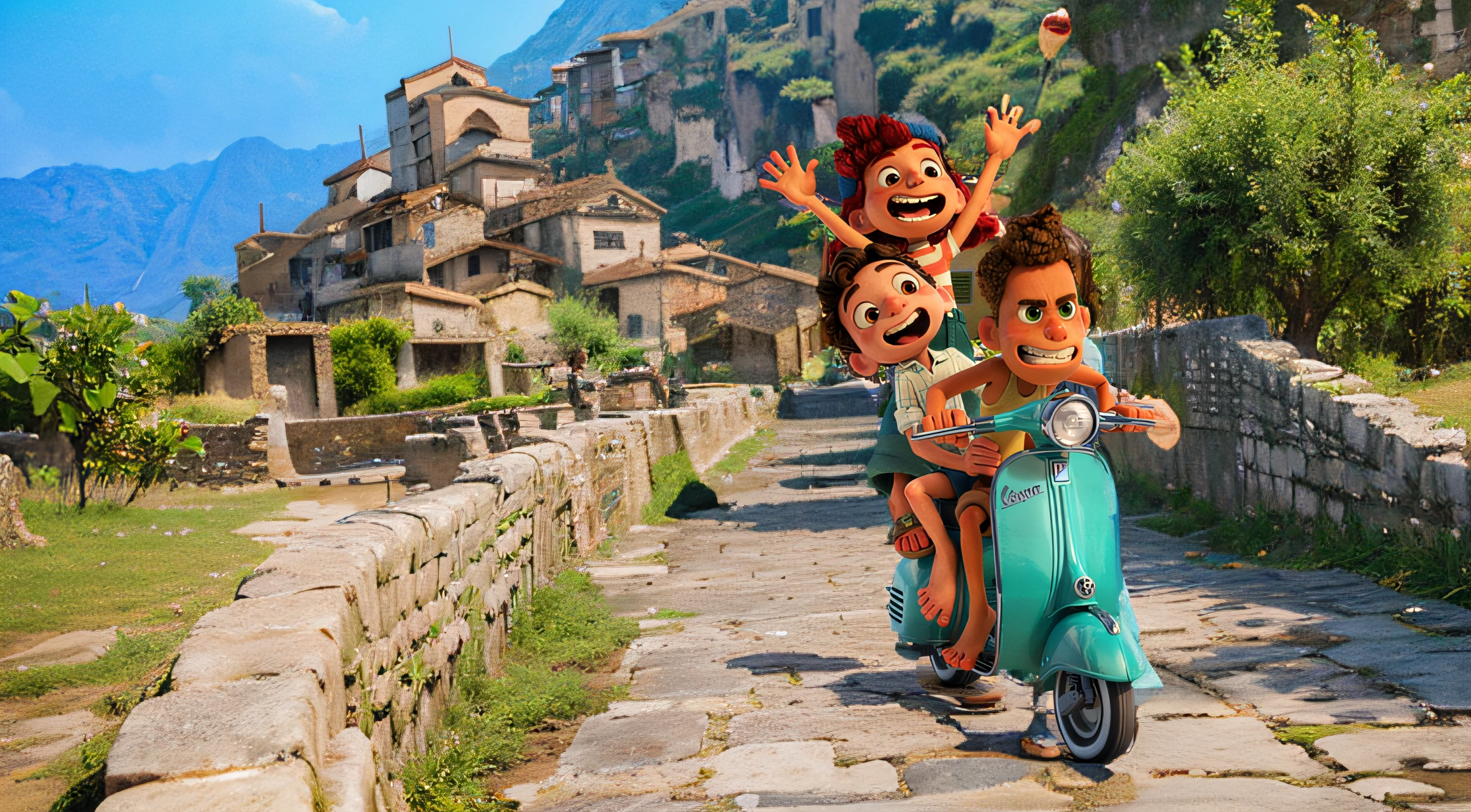 luca movie, ancient village full of water, animation