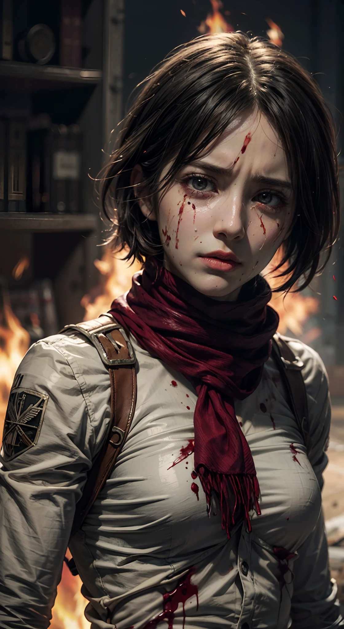 (masterpiece), (hyper realistic), Attack on Titan, half body shot, Mikasa Ackerman, Crying, sadness, Tears, A maroon scarf around his neck, blood stains on his face and clothes, dinamic lighting, dramatic fire background