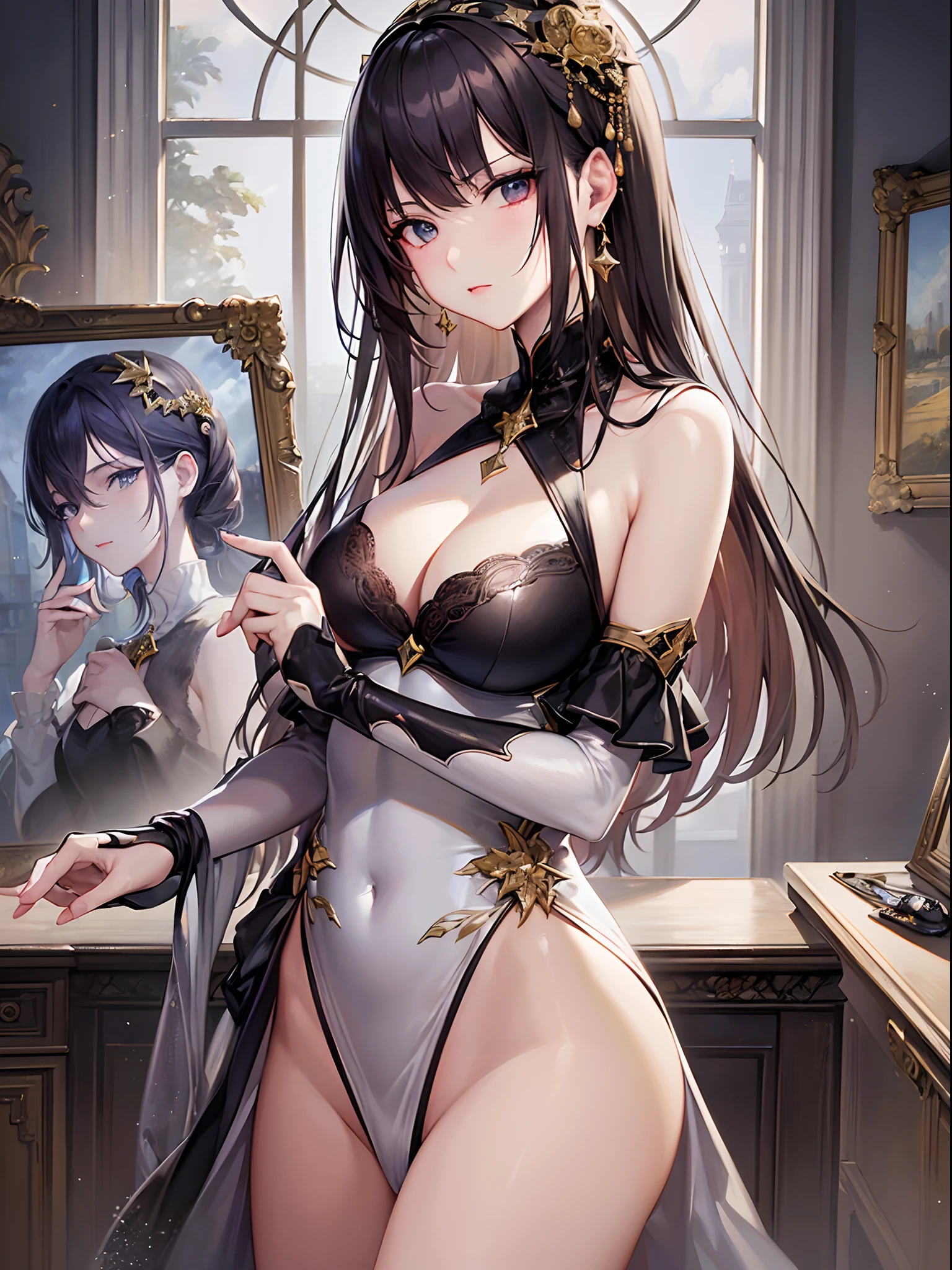 ((Finest quality)),(超A high resolution),(ultra-detailliert),((Best Anime)),sharpnes,Clair,Contemporary art with astounding depictions,Glamorous atmosphere:1.4, (Female painter:1.3,Serious gaze),Painting against the canvas