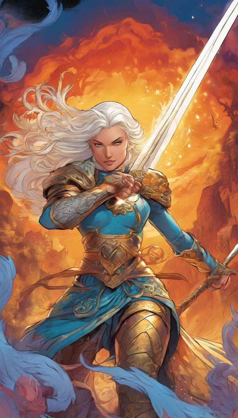 Vivid colors, detailed armor, engraved metallic armor, intricate designs on the armor, intricate armor engravings, imposing and powerful stance, fierce , flowing pixie white hair, dynamic pose, intense battle scene, fantasy setting, vibrant colors, dramatic lighting, epic atmosphere, mythical creatures in the background, magical effects surrounding the sword, attention to anatomy and facial features, iconic use of highlights and shadows, capturing emotion, masterful composition, portraying strong female characters.