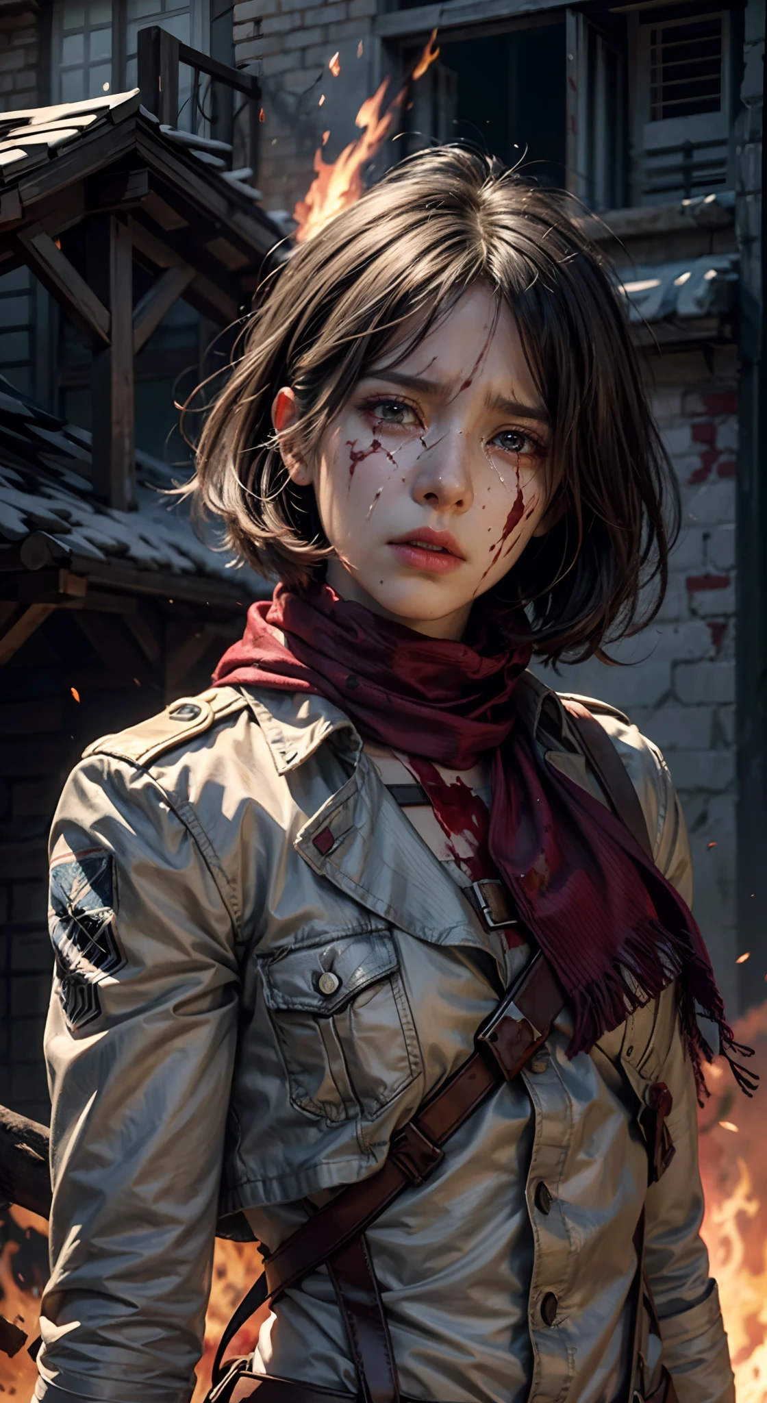 (masterpiece), (hyper realistic), Attack on Titan, half body shot, Mikasa Ackerman, Crying, sadness, Tears, A maroon scarf around his neck, blood stains on his face and clothes, dinamic lighting, dramatic fire background