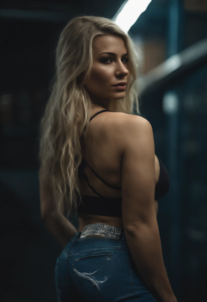 Long hair, Blond, beautiful, muscular, sexy, shy, large breasts, thick ass, thin waist,lucy \(cyberpunk\), ripped pants, dripping cum, , gaping, ass round, looking at viewer,