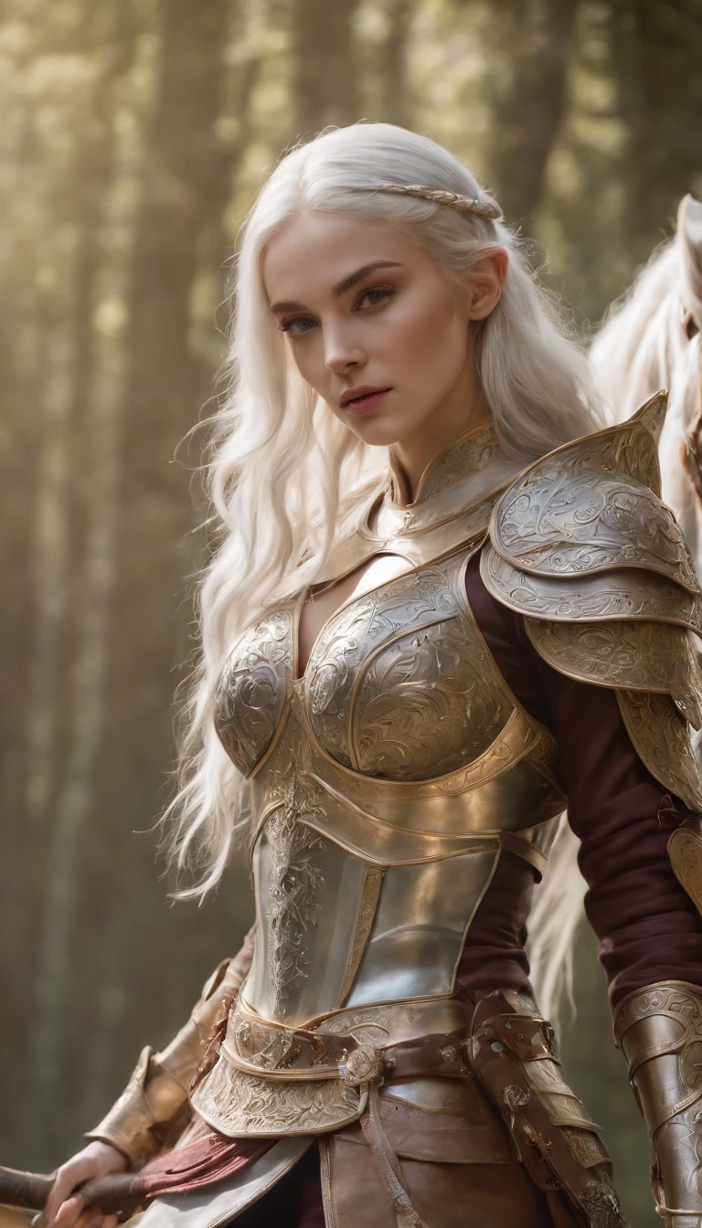 Vivid colors, detailed armor, engraved metallic armor, intricate designs on the armor, intricate armor engravings, imposing and powerful stance, fierce , flowing pixie white hair, dynamic pose, intense battle scene, fantasy setting, vibrant colors, dramatic lighting, epic atmosphere, mythical creatures in the background, magical effects surrounding the sword, attention to anatomy and facial features, iconic use of highlights and shadows, capturing emotion, masterful composition, portraying strong female characters.